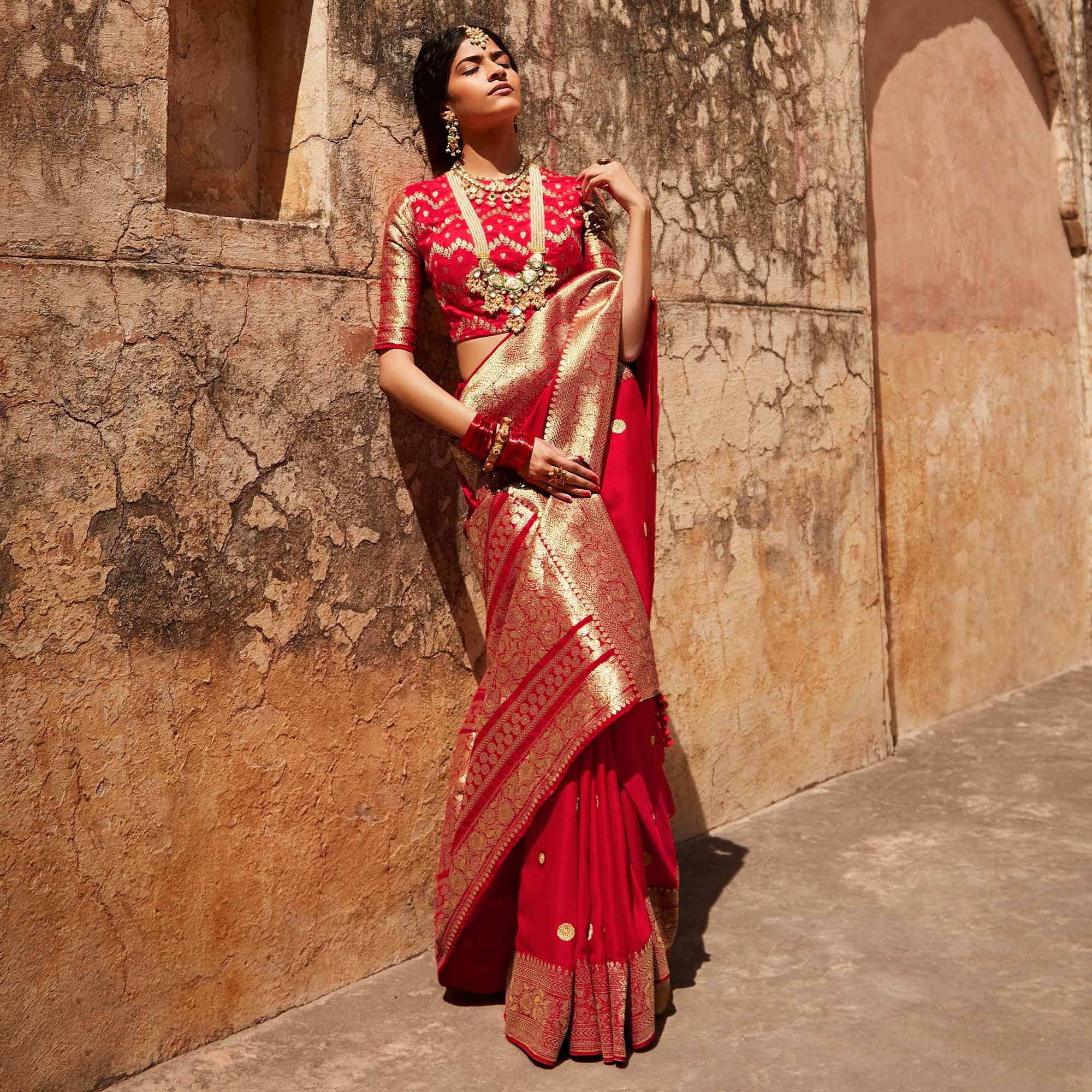 Red Festive Wear Woven Silk Saree - Peachmode