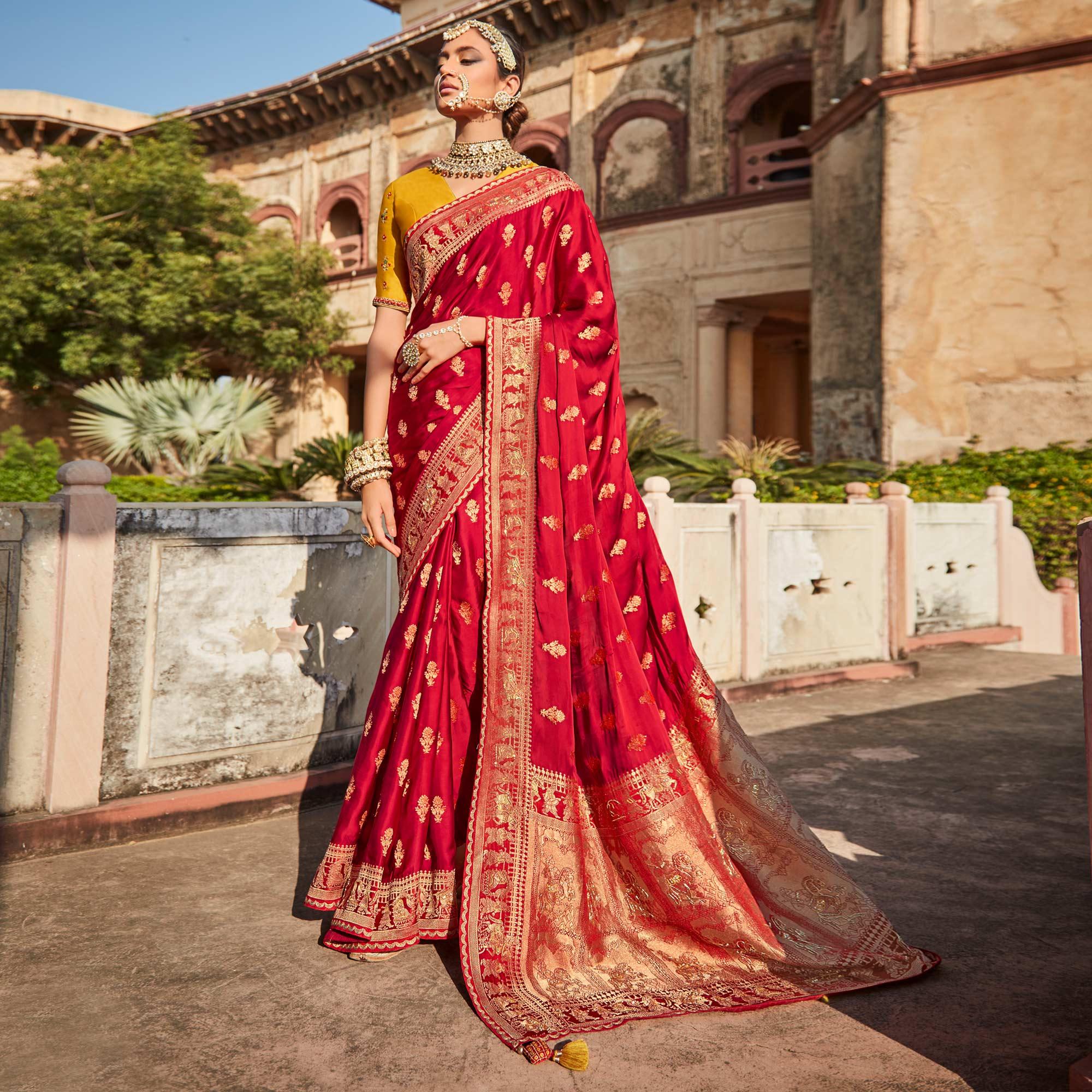Red Festive Wear Woven Silk Saree - Peachmode