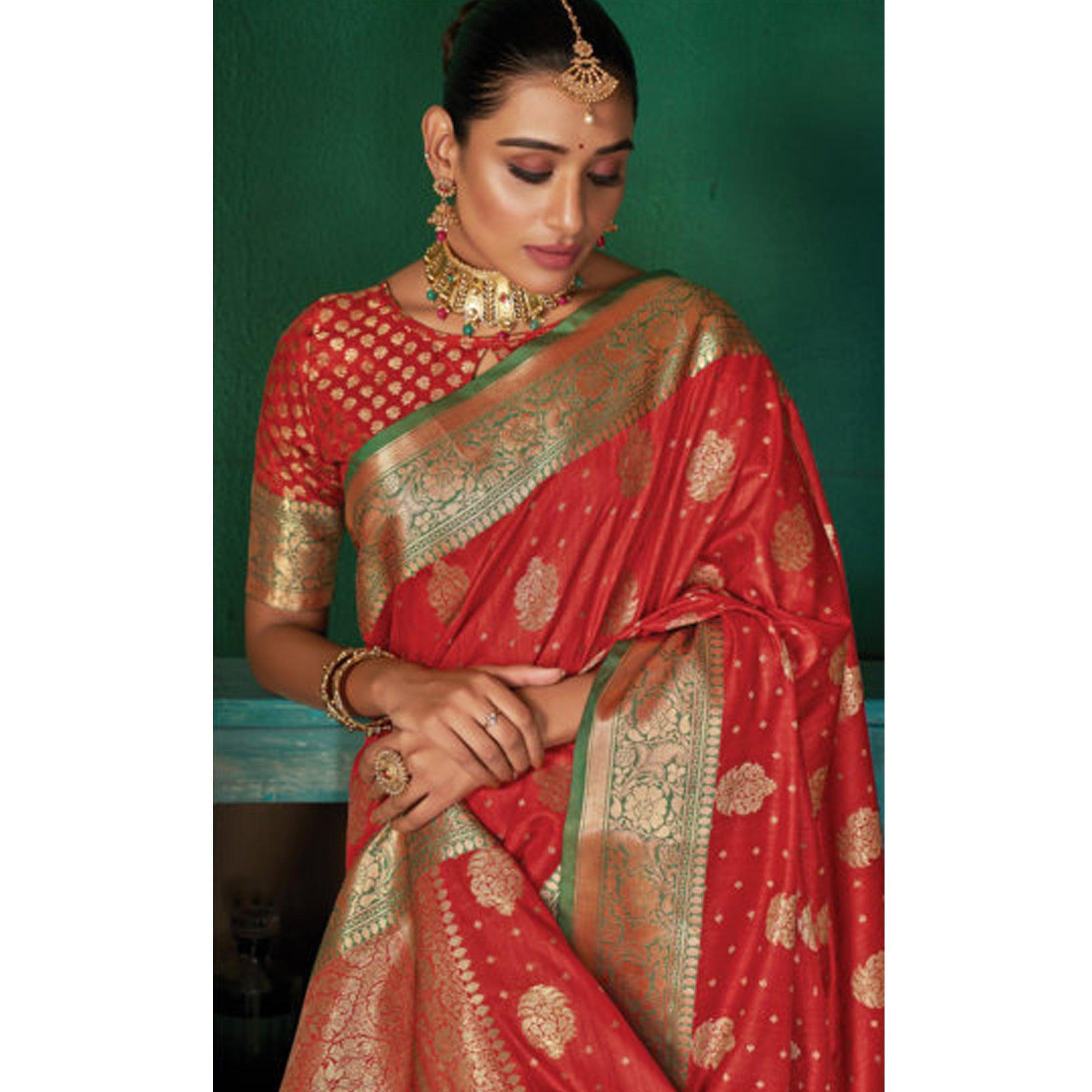 Red Festive Wear Woven Silk Saree - Peachmode