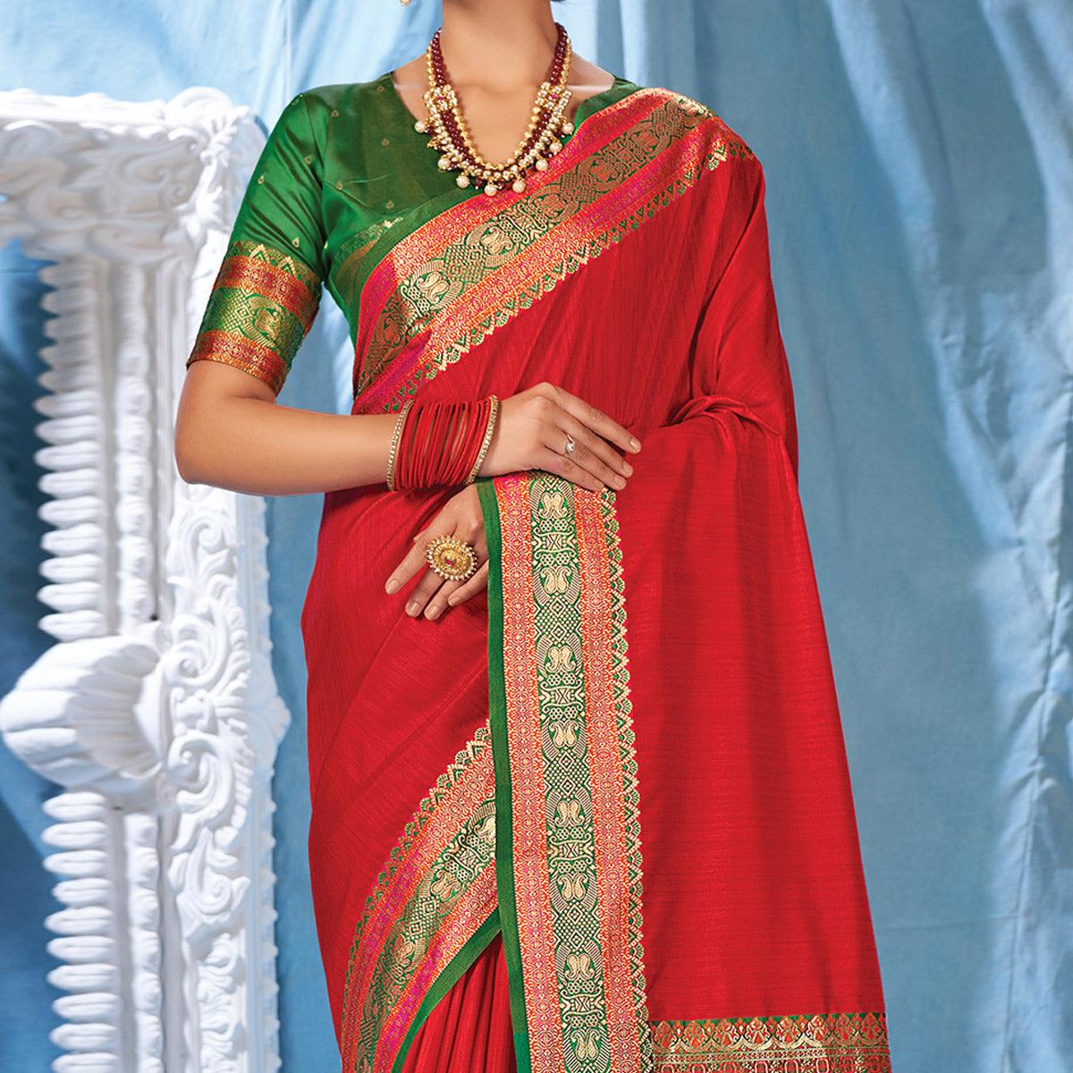 Red Festive Wear Woven Silk Saree - Peachmode