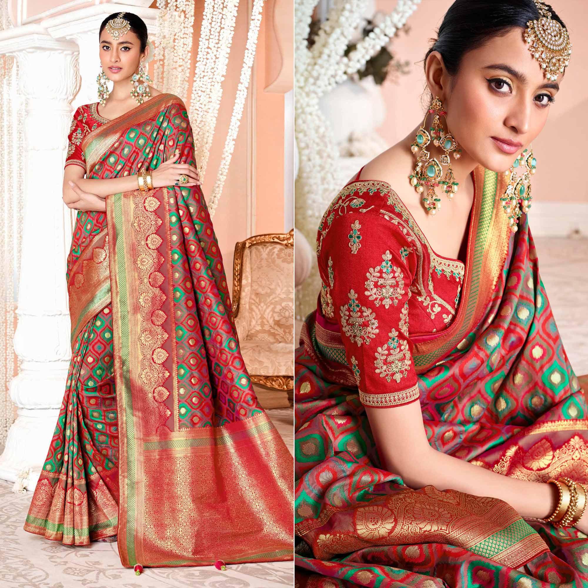Red Festive Wear Woven Silk Saree - Peachmode