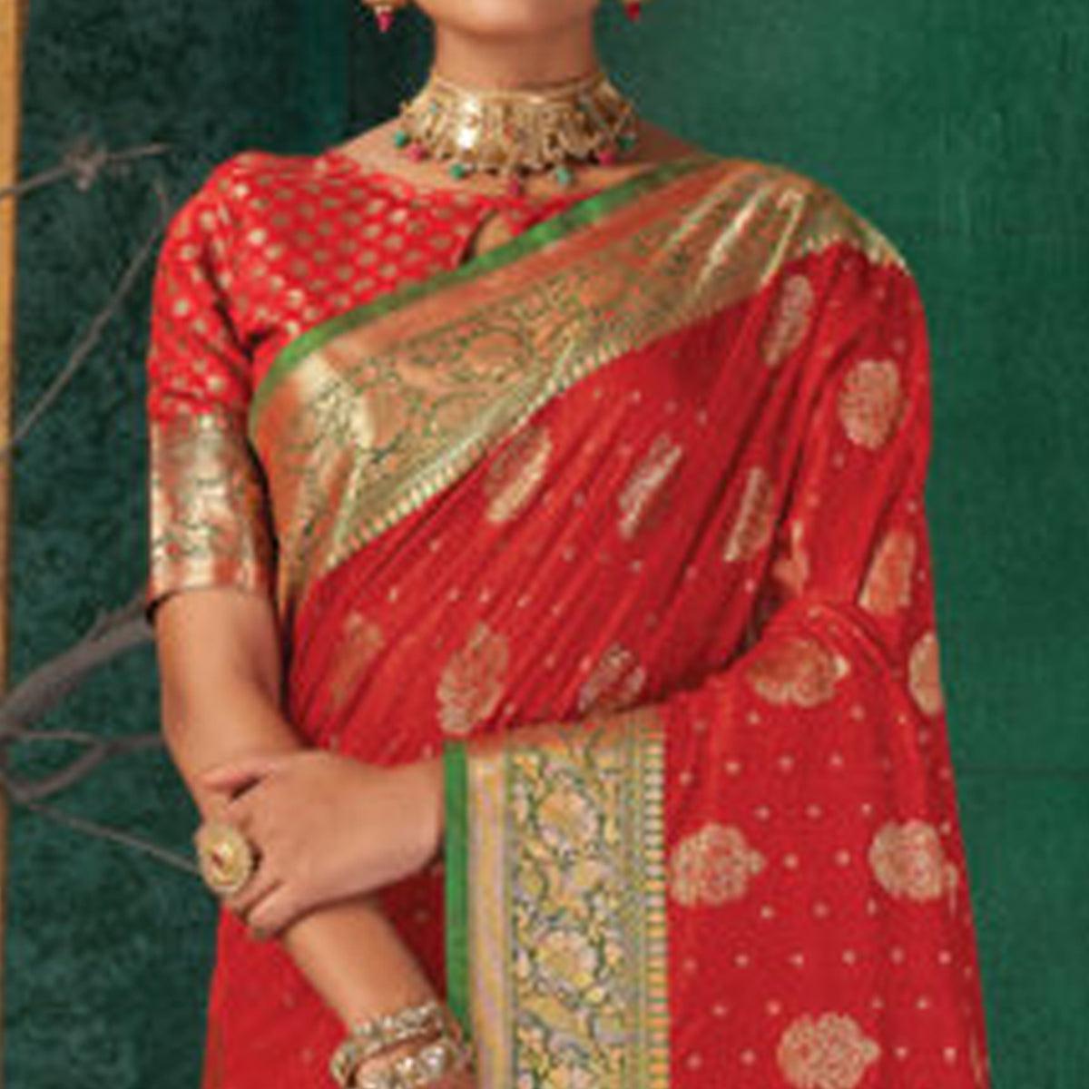 Red Festive Wear Woven Silk Saree - Peachmode