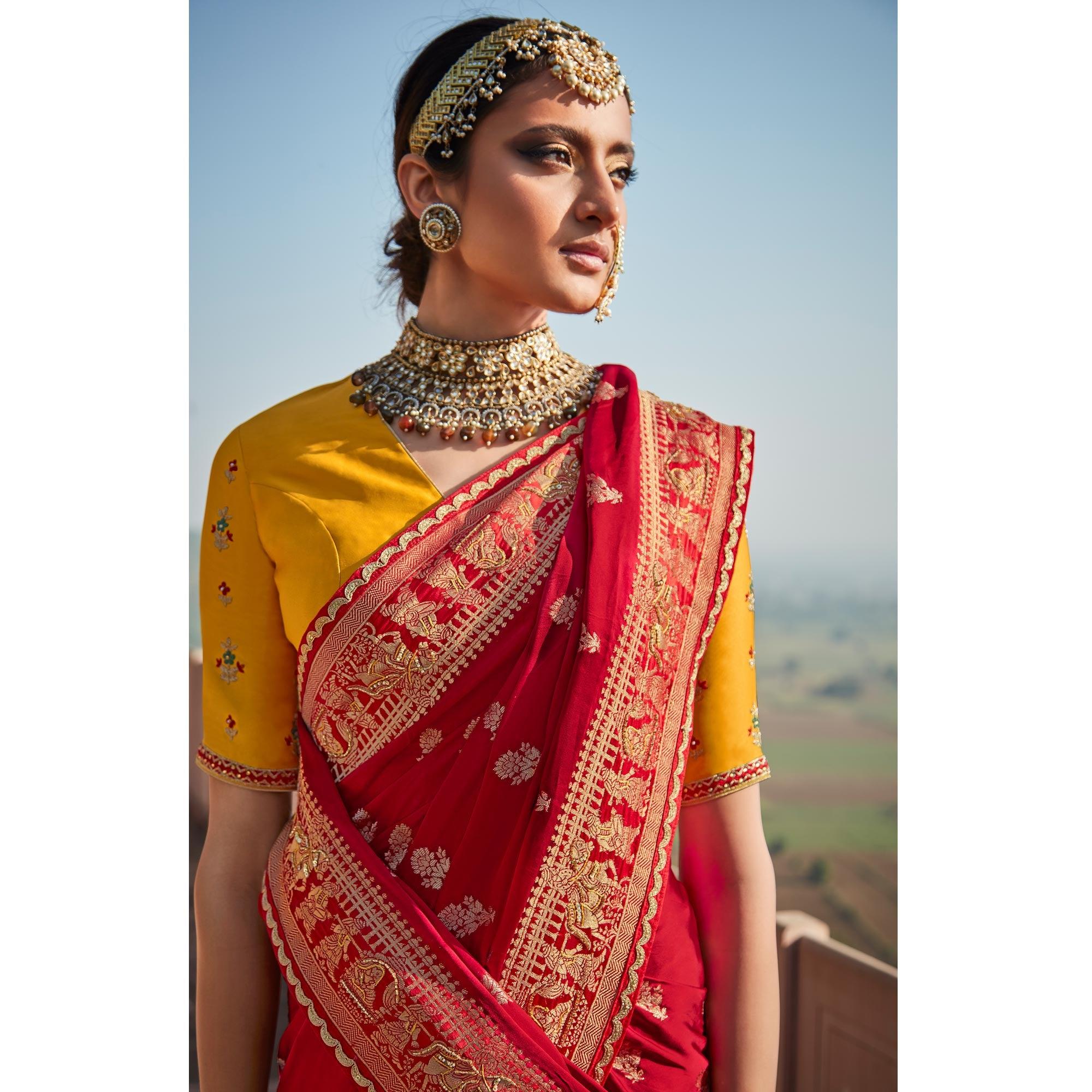 Red Festive Wear Woven Silk Saree - Peachmode