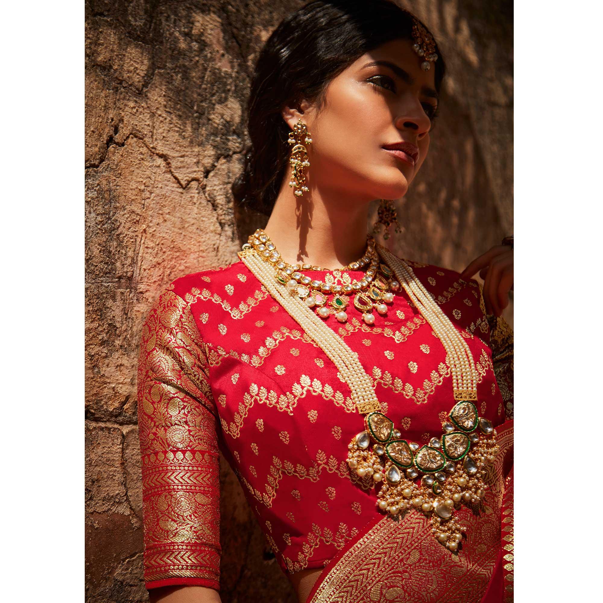 Red Festive Wear Woven Silk Saree - Peachmode