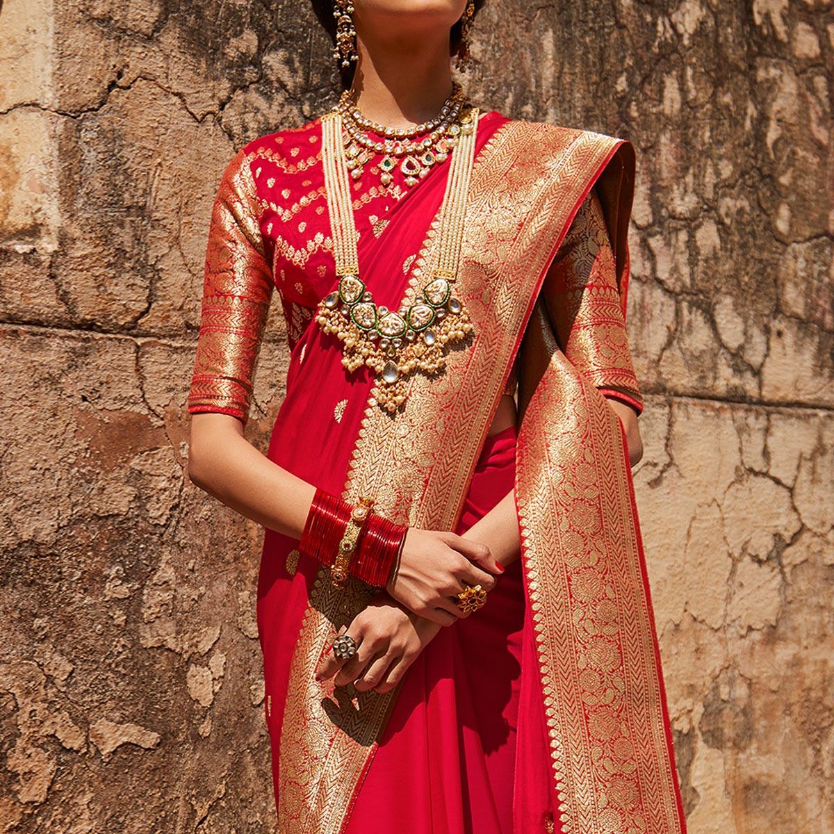 Red Festive Wear Woven Silk Saree - Peachmode