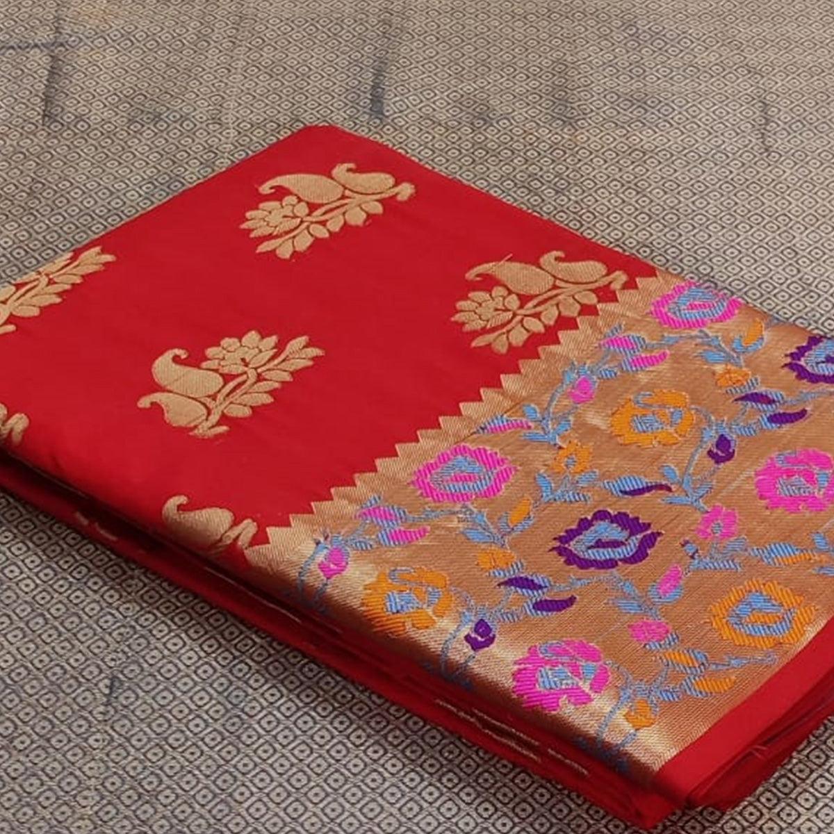 Red Festive Wear Woven Silk Saree With Border - Peachmode