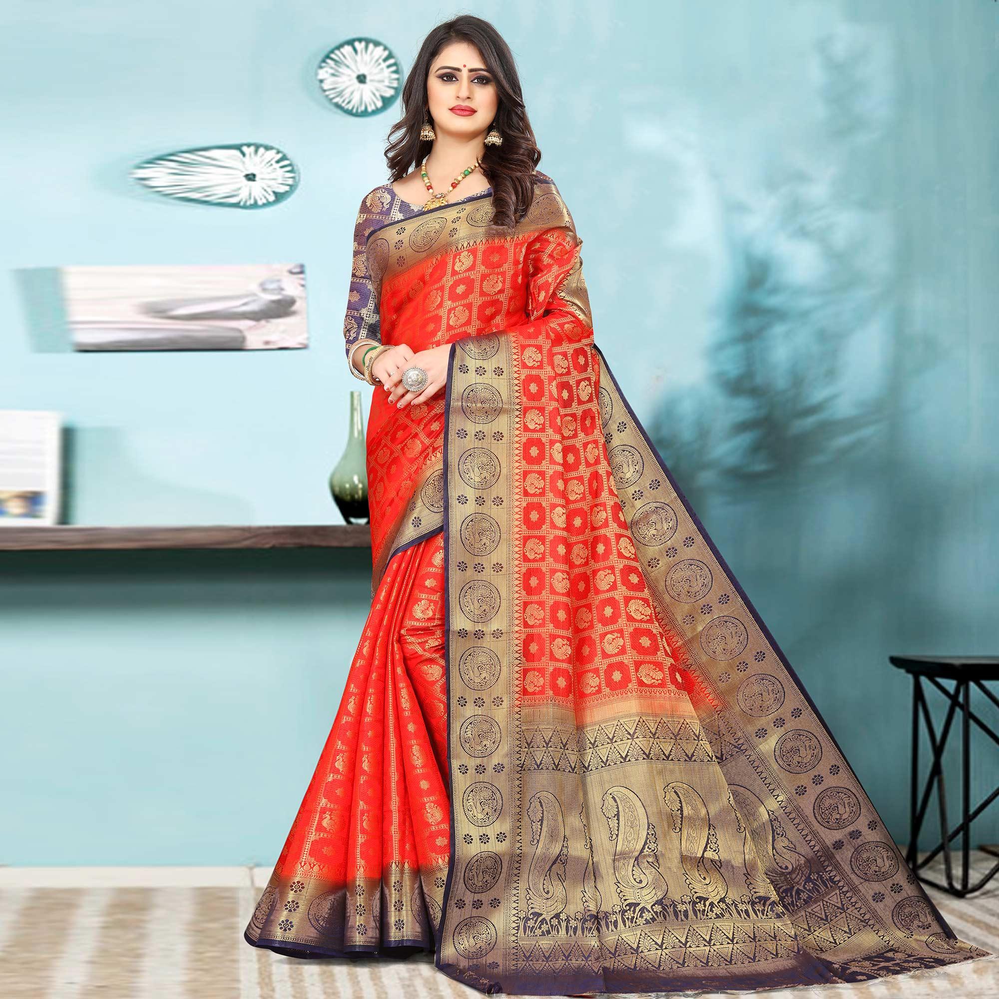 Red Festive Wear Woven Silk Saree With Golden Border - Peachmode