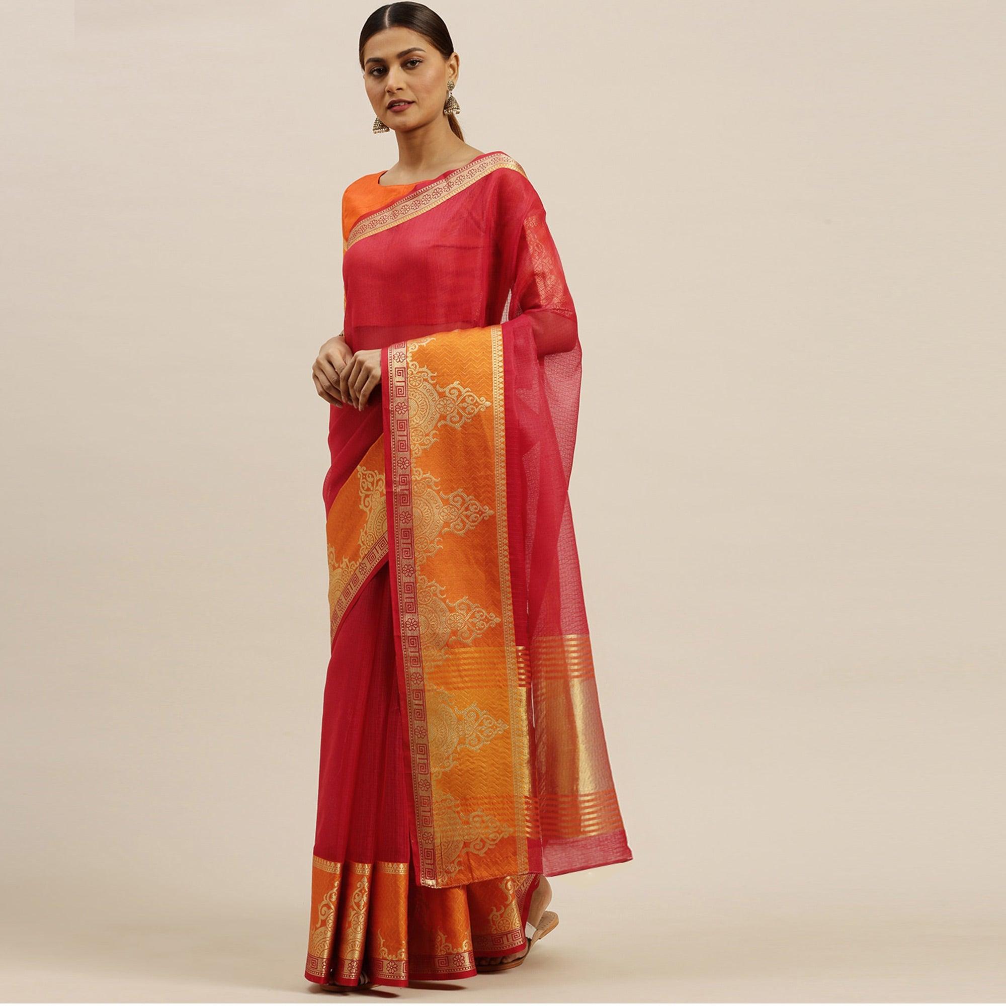 Red Festive Wear Woven Silk Saree With Jacquard Border - Peachmode