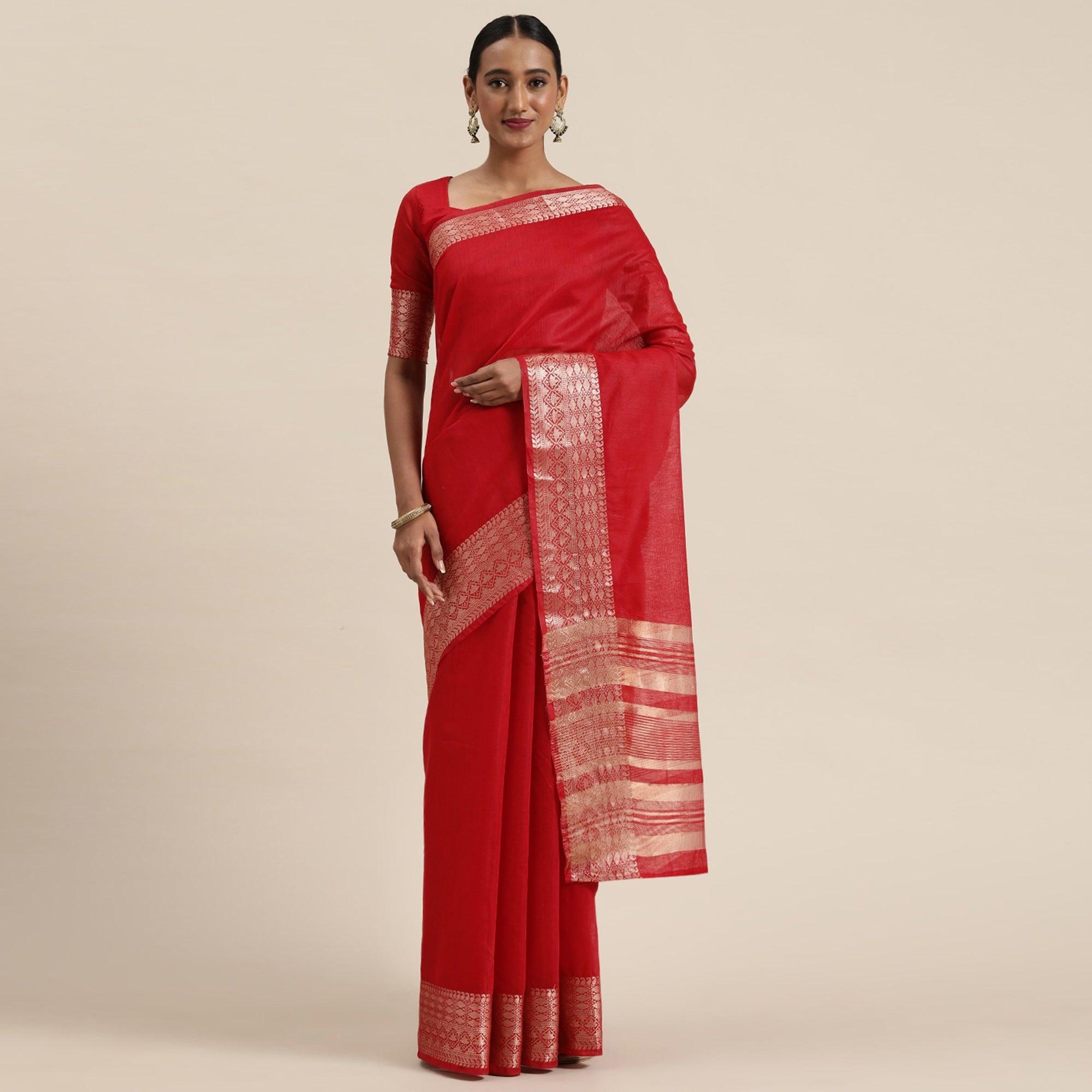 Red Festive Wear Woven Silk Saree With Jacquard Border - Peachmode