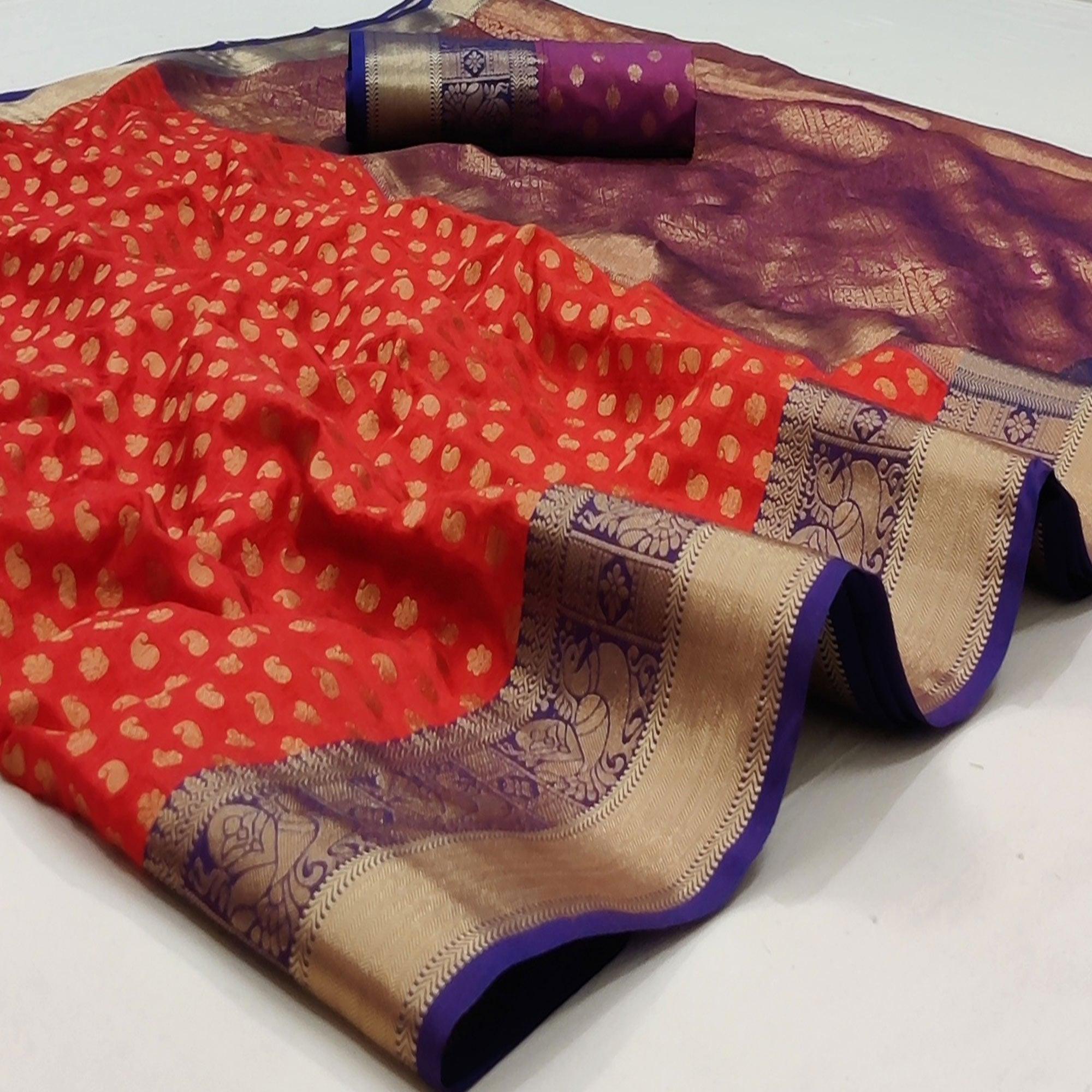 Red Festive Wear Woven Silk Saree With Jacquard Border - Peachmode