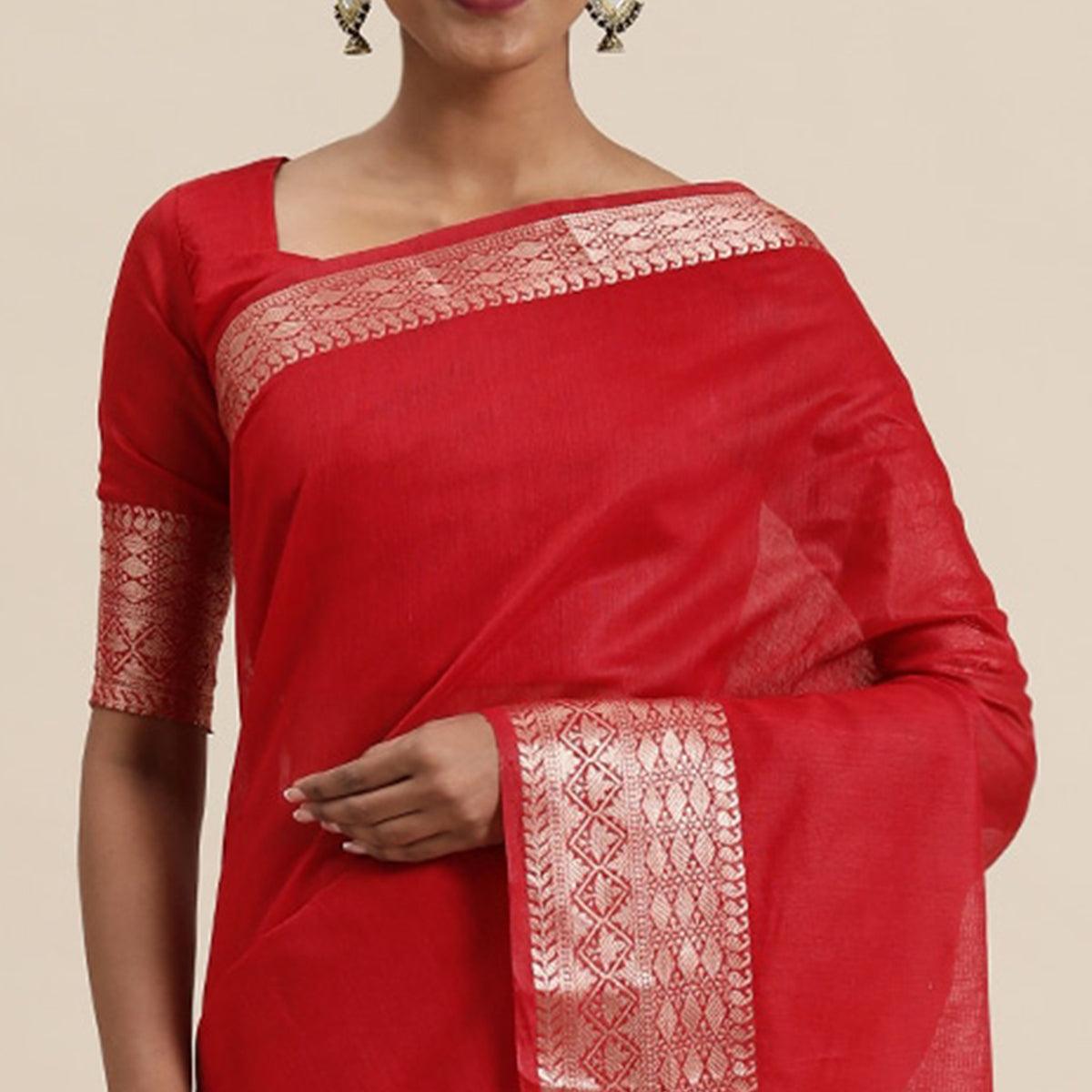 Red Festive Wear Woven Silk Saree With Jacquard Border - Peachmode