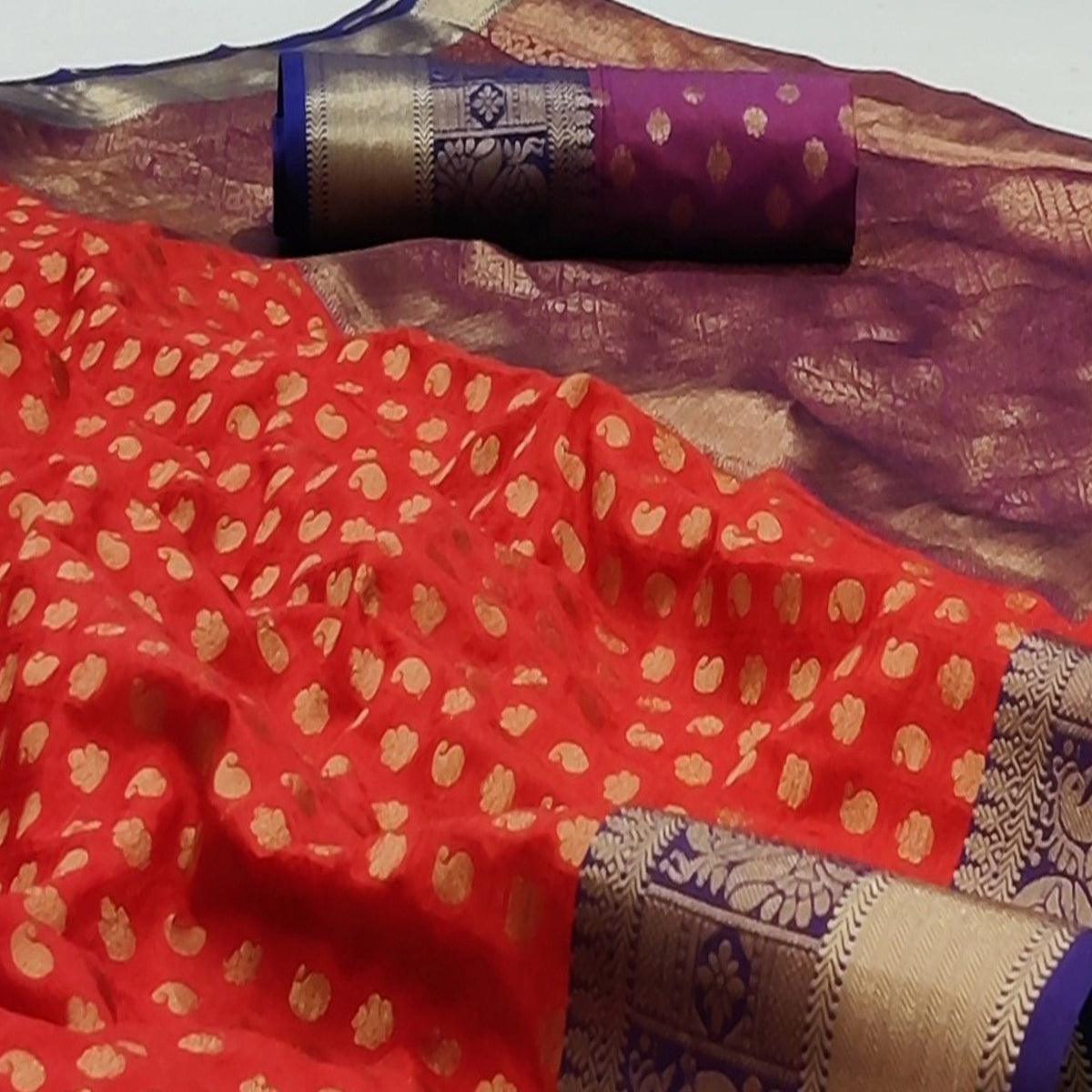 Red Festive Wear Woven Silk Saree With Jacquard Border - Peachmode