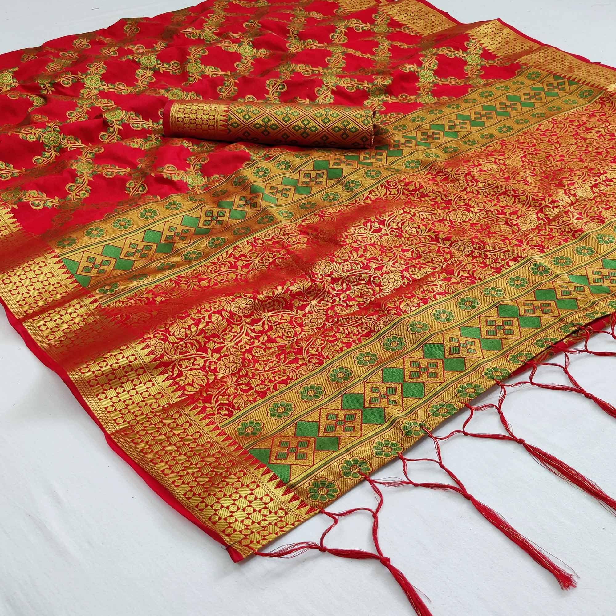 Red Festive Wear Woven Silk Saree With Meena Butta Rich Pallu - Peachmode