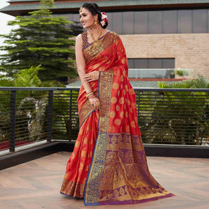 Red Festive Wear Woven Silk Saree With Meena Butta Rich Pallu - Peachmode