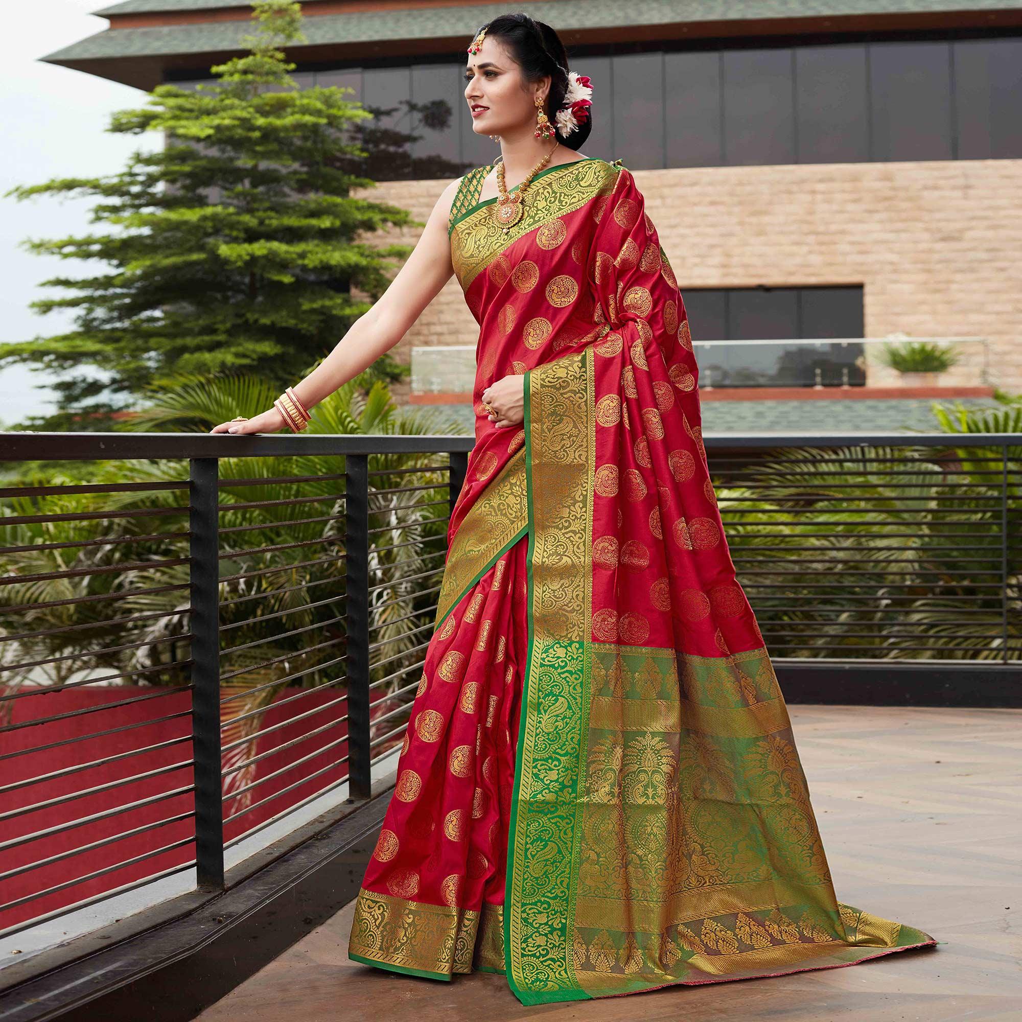 Red Festive Wear Woven Silk Saree With Meena Butta Rich Pallu - Peachmode