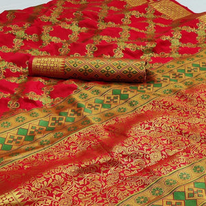 Red Festive Wear Woven Silk Saree With Meena Butta Rich Pallu - Peachmode