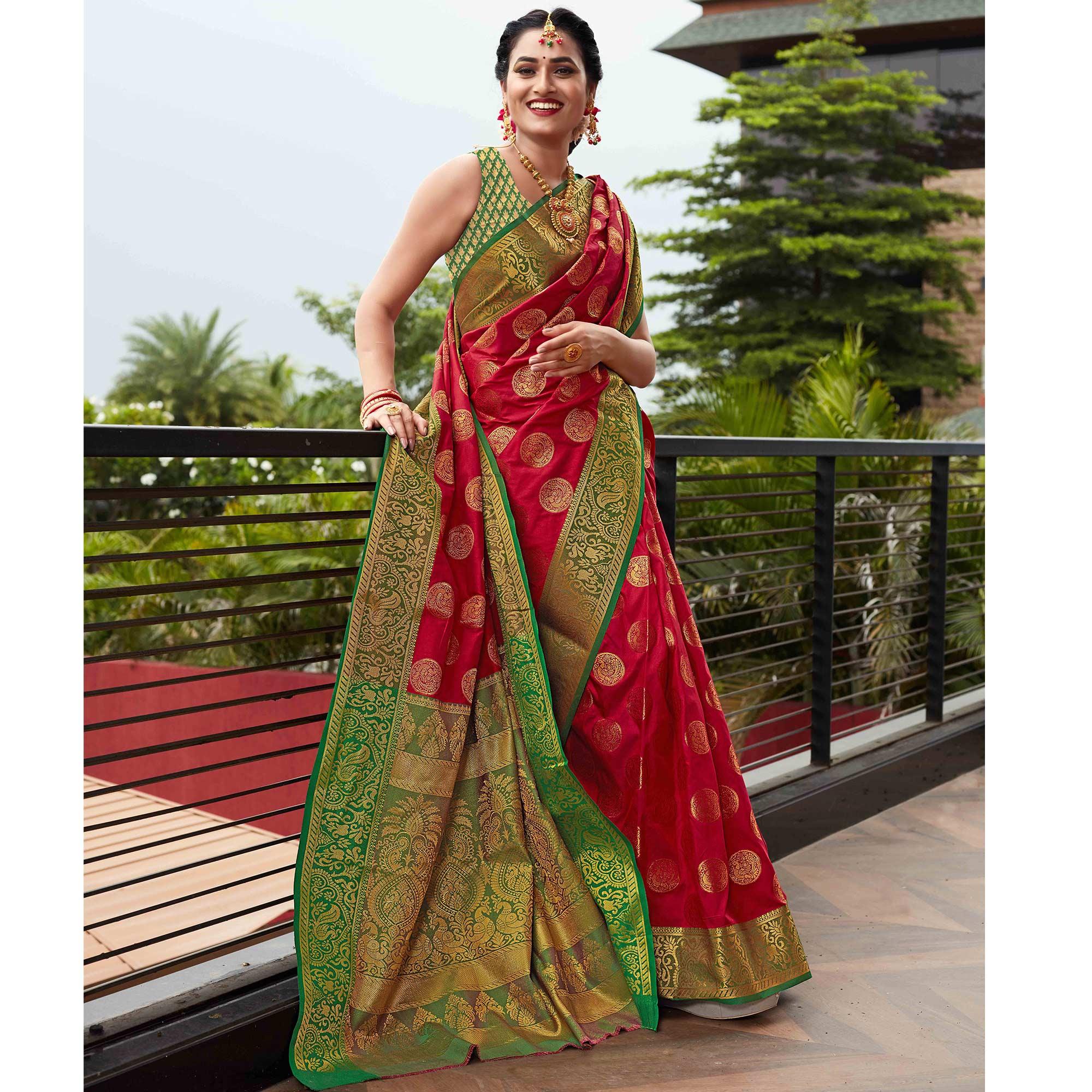 Red Festive Wear Woven Silk Saree With Meena Butta Rich Pallu - Peachmode
