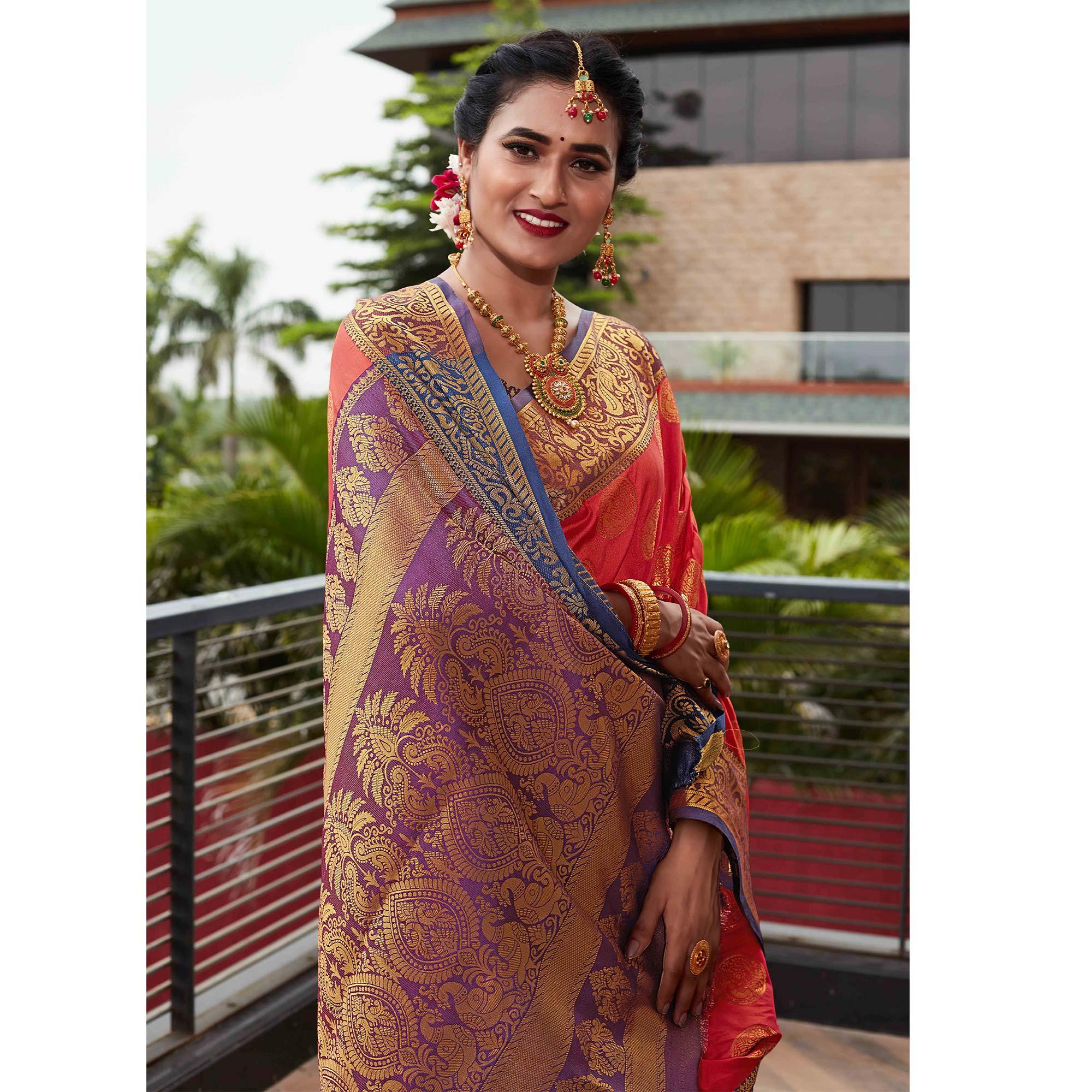 Red Festive Wear Woven Silk Saree With Meena Butta Rich Pallu - Peachmode