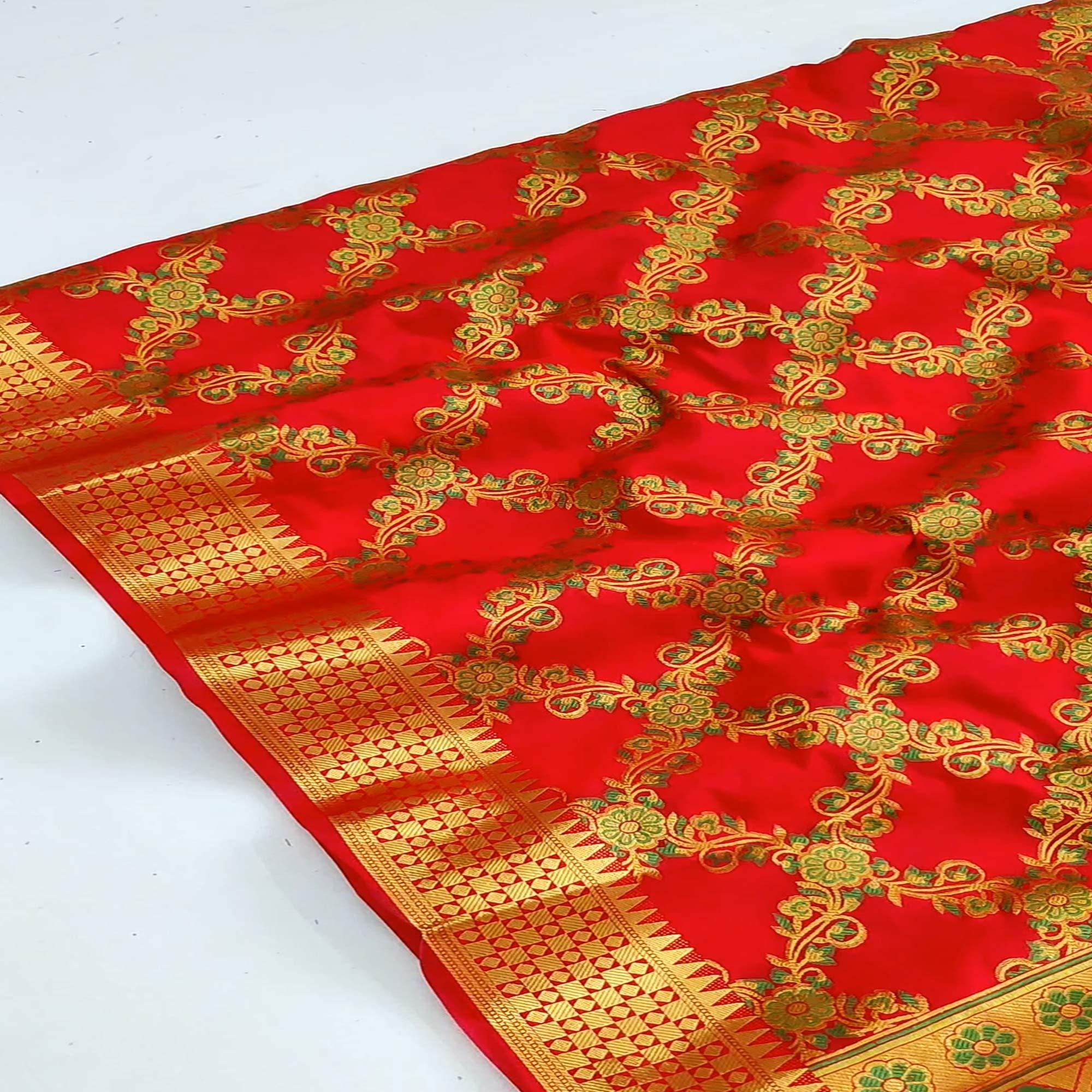 Red Festive Wear Woven Silk Saree With Meena Butta Rich Pallu - Peachmode