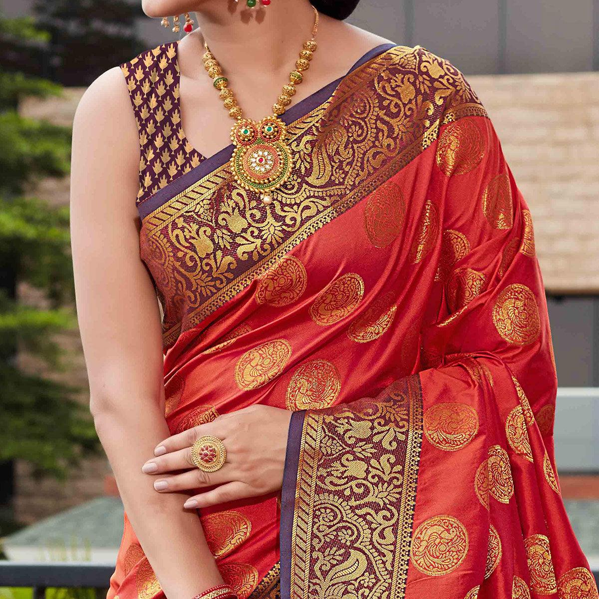 Red Festive Wear Woven Silk Saree With Meena Butta Rich Pallu - Peachmode