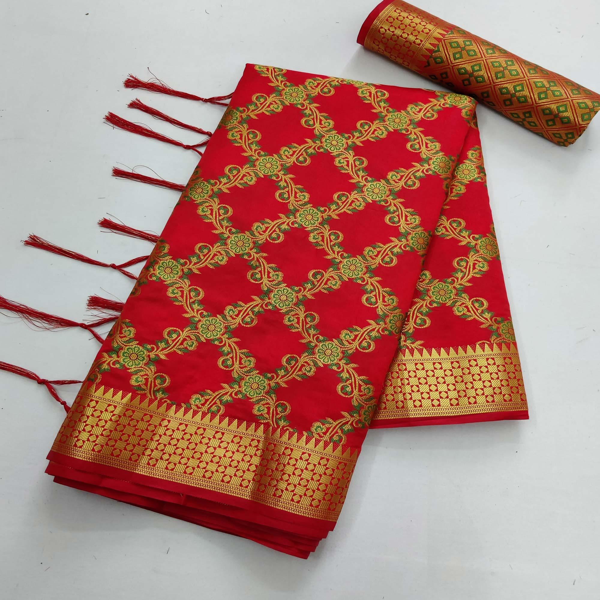 Red Festive Wear Woven Silk Saree With Meena Butta Rich Pallu - Peachmode
