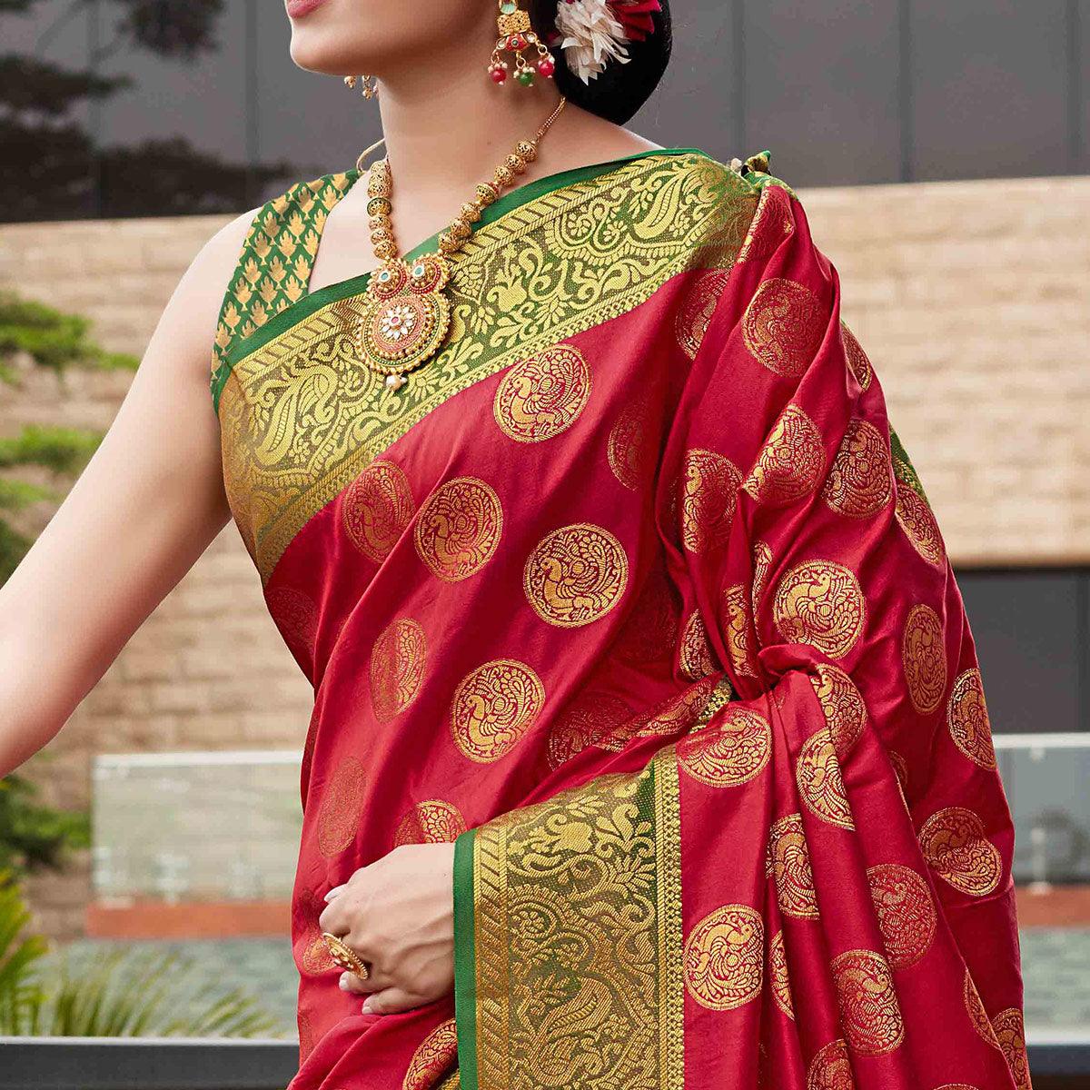 Red Festive Wear Woven Silk Saree With Meena Butta Rich Pallu - Peachmode