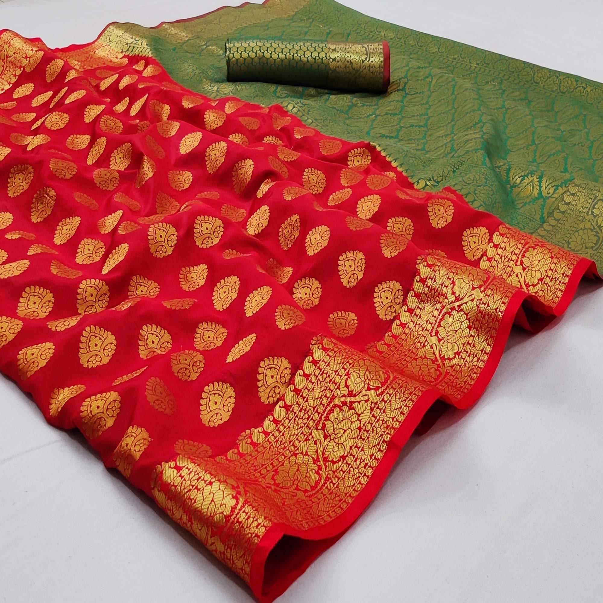 Red Festive Wear Woven Silk Saree With Rich Pallu - Peachmode