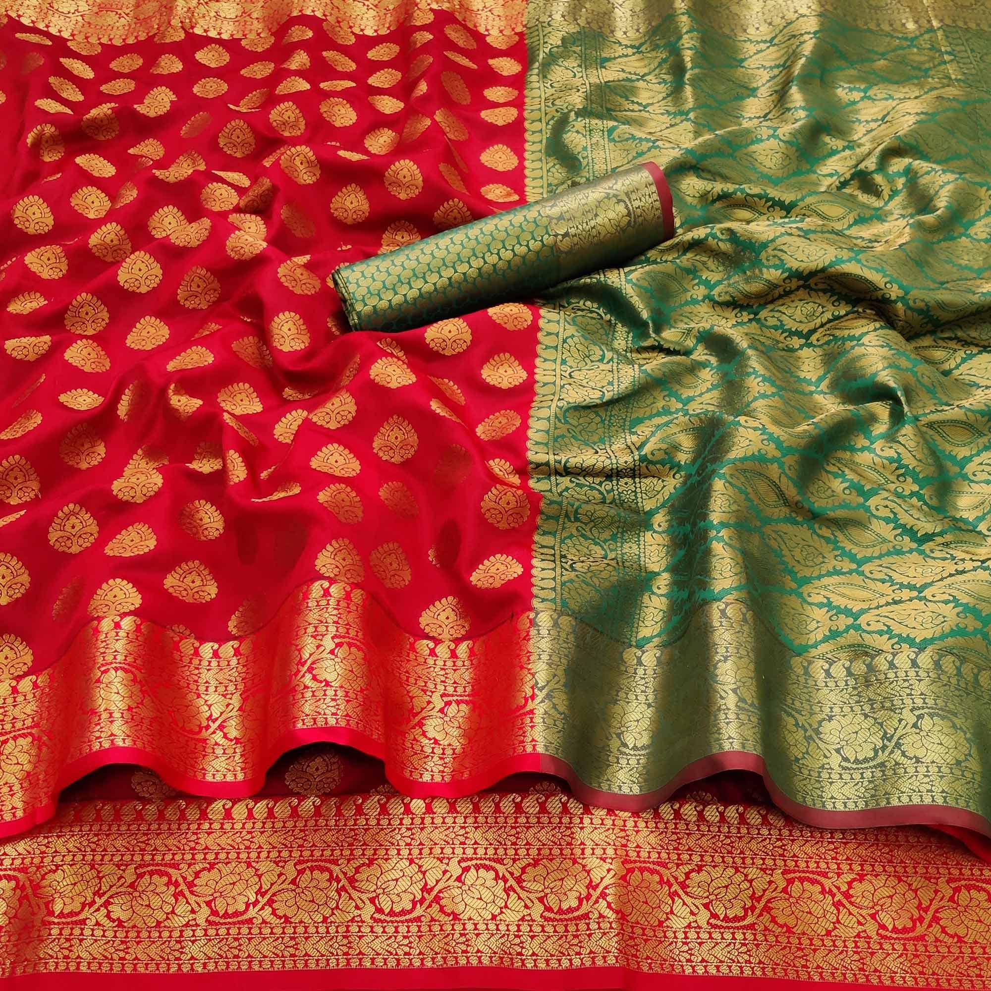 Red Festive Wear Woven Silk Saree With Rich Pallu - Peachmode