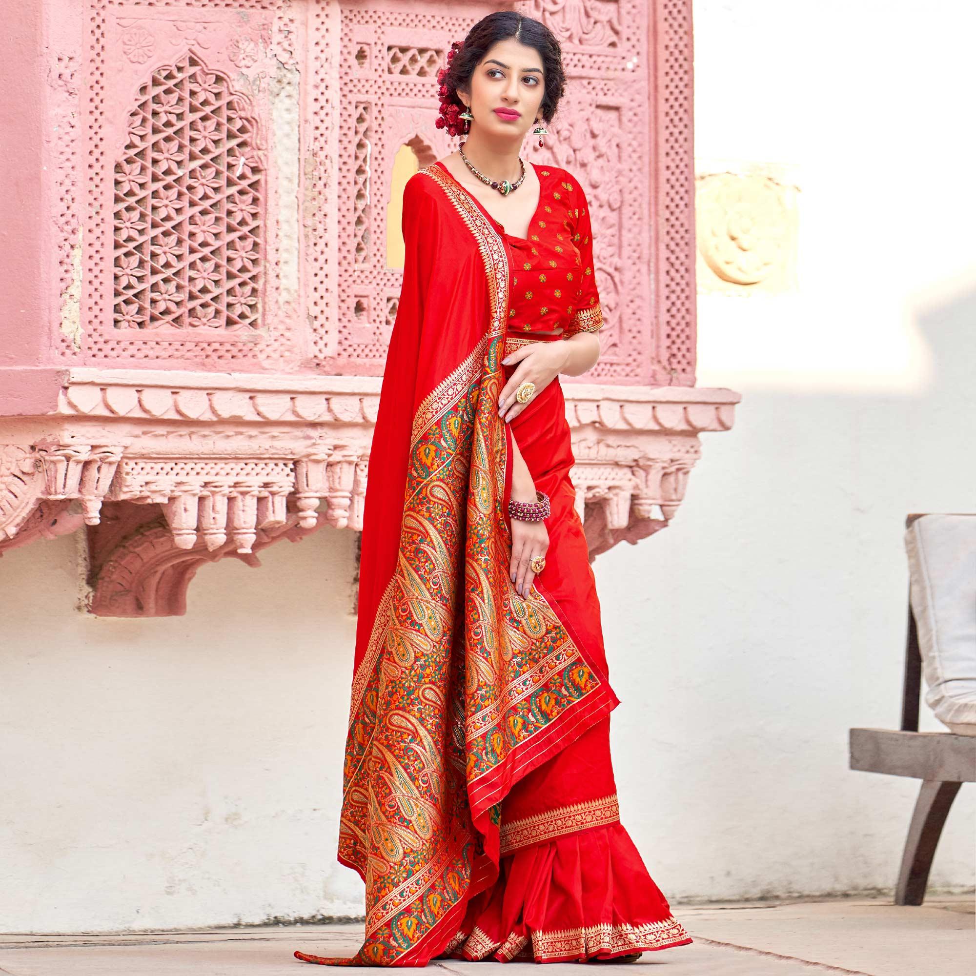 Red Festive Wear Woven Soft Banarasi Silk Saree - Peachmode