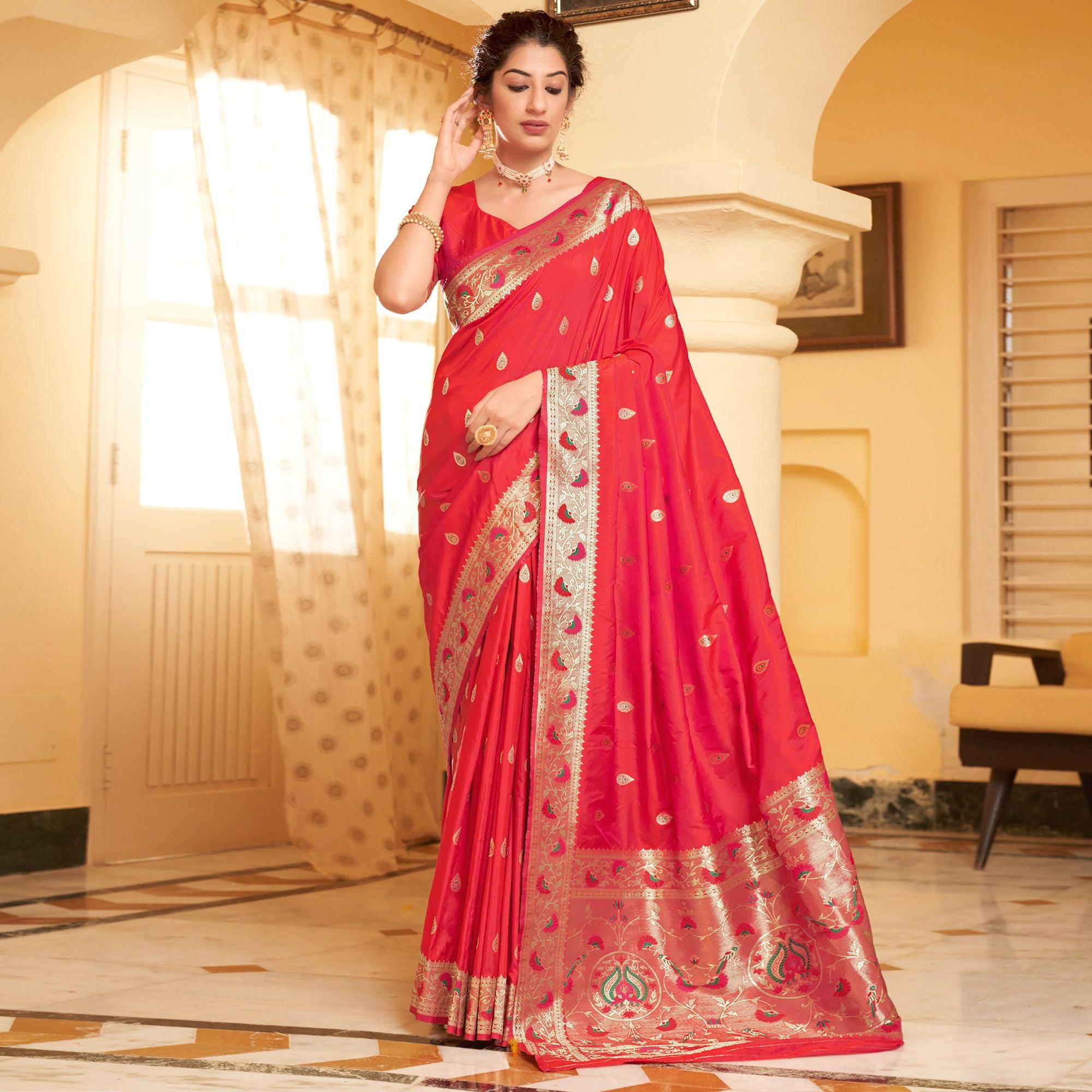Red Festive Wear Woven Soft Banarasi Silk Saree - Peachmode