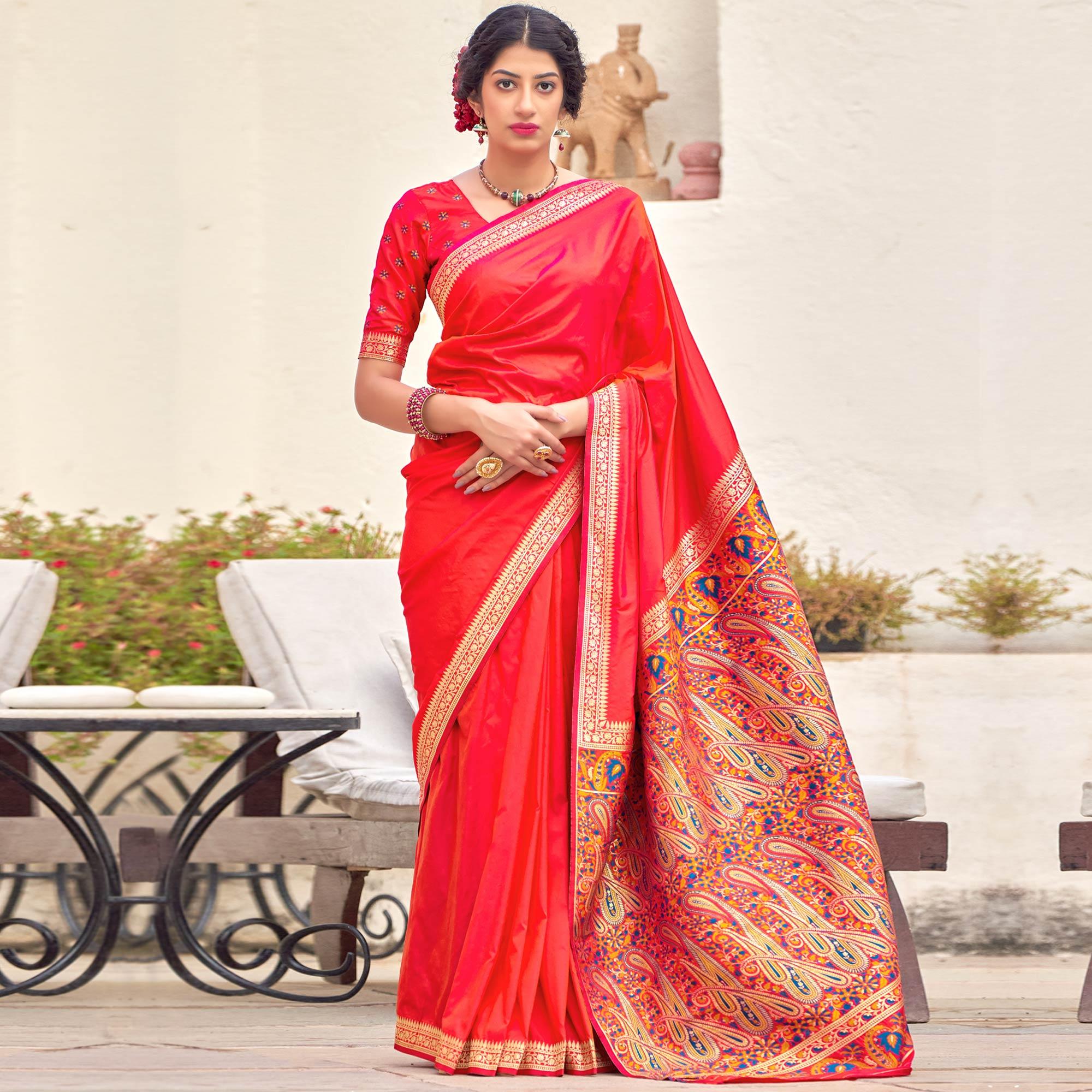 Red Festive Wear Woven Soft Banarasi Silk Saree - Peachmode