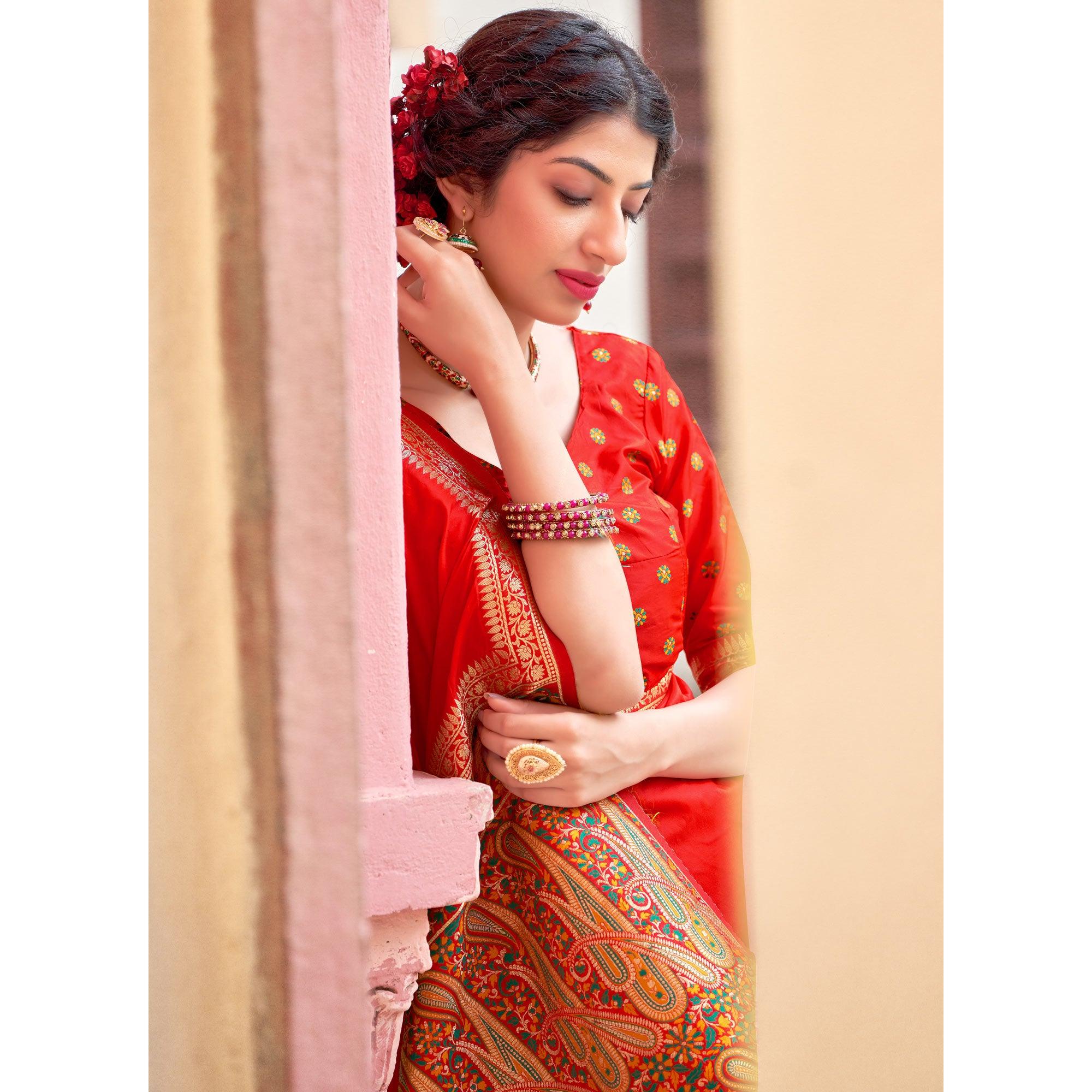 Red Festive Wear Woven Soft Banarasi Silk Saree - Peachmode