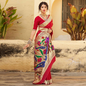 Red Festive Wear Woven Soft Banarasi Silk Saree - Peachmode