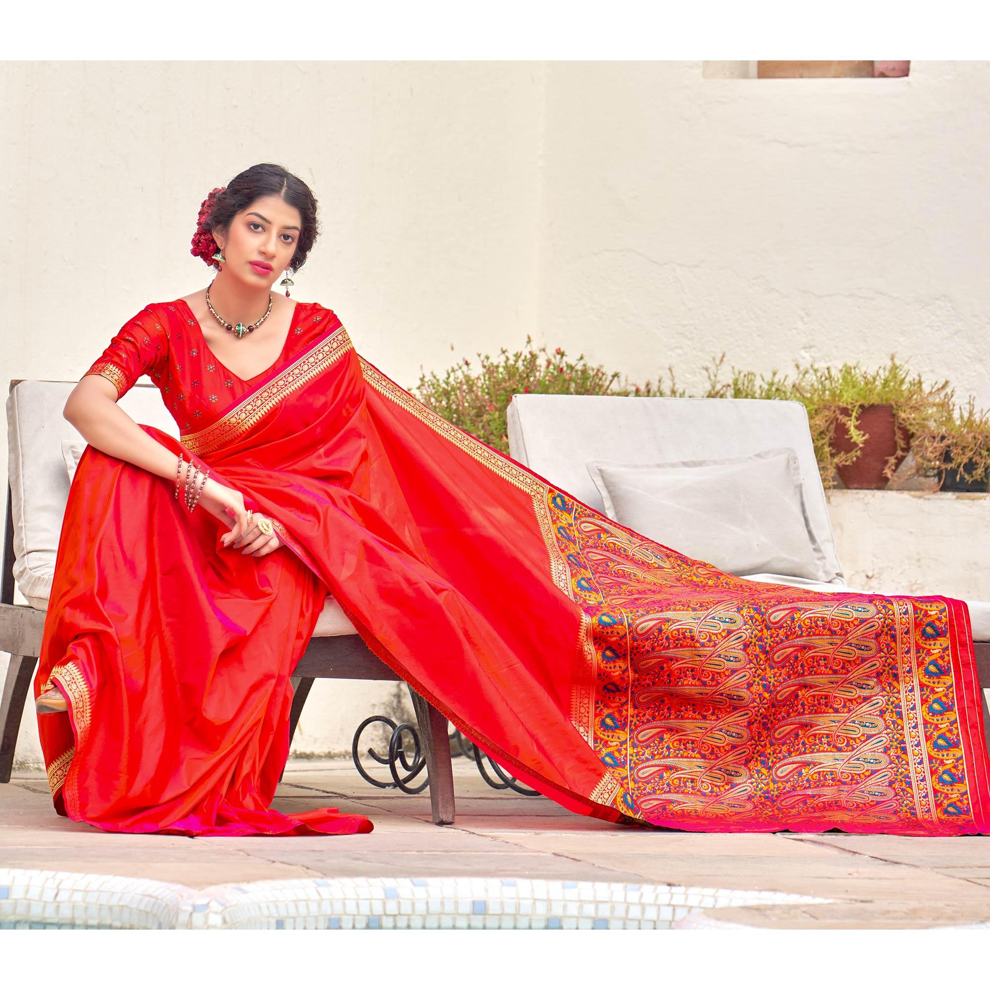 Red Festive Wear Woven Soft Banarasi Silk Saree - Peachmode