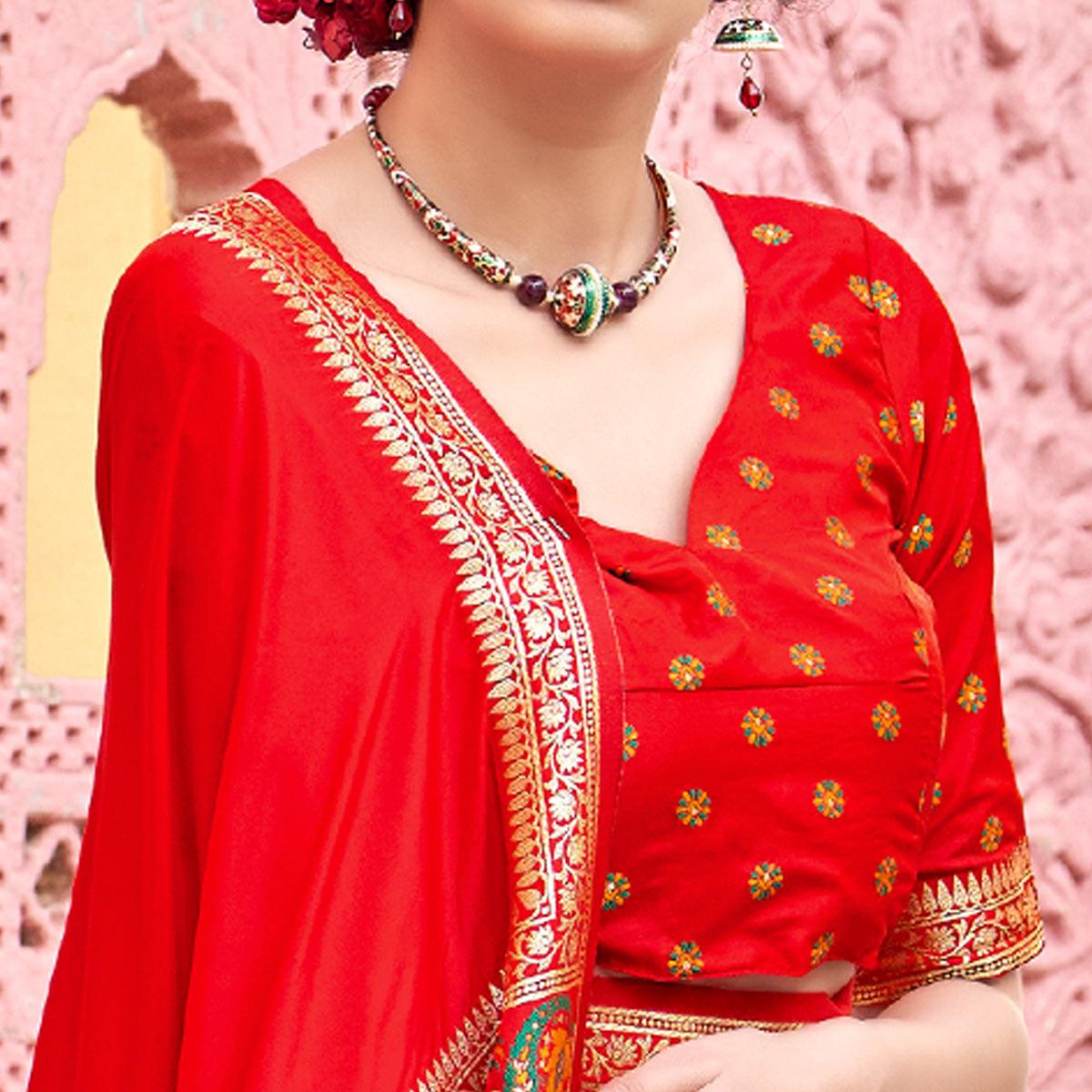 Red Festive Wear Woven Soft Banarasi Silk Saree - Peachmode