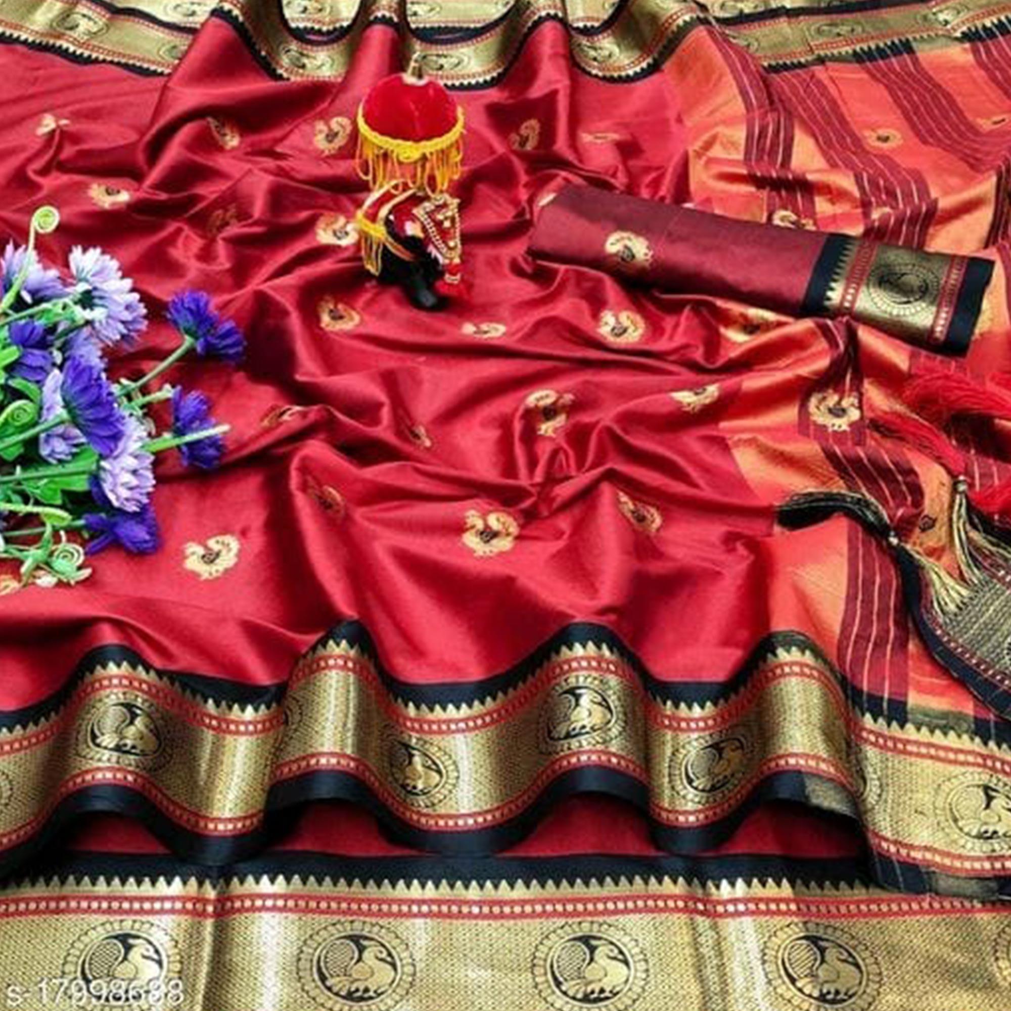 Red Festive Wear Woven Soft Cotton Saree With Border - Peachmode