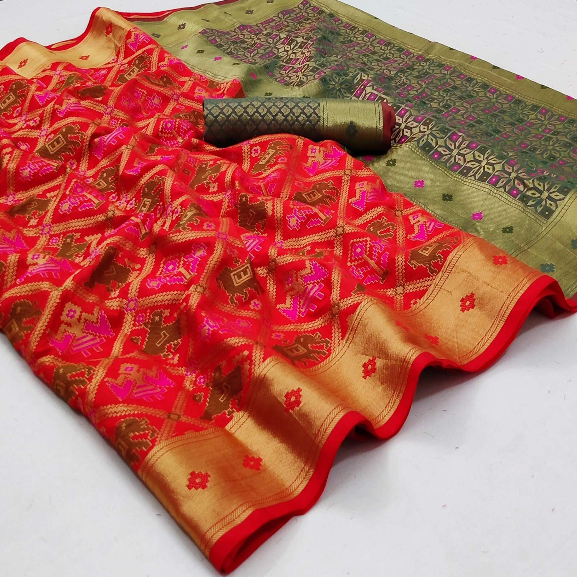 Red Festive Wear Woven Soft Silk Saree - Peachmode