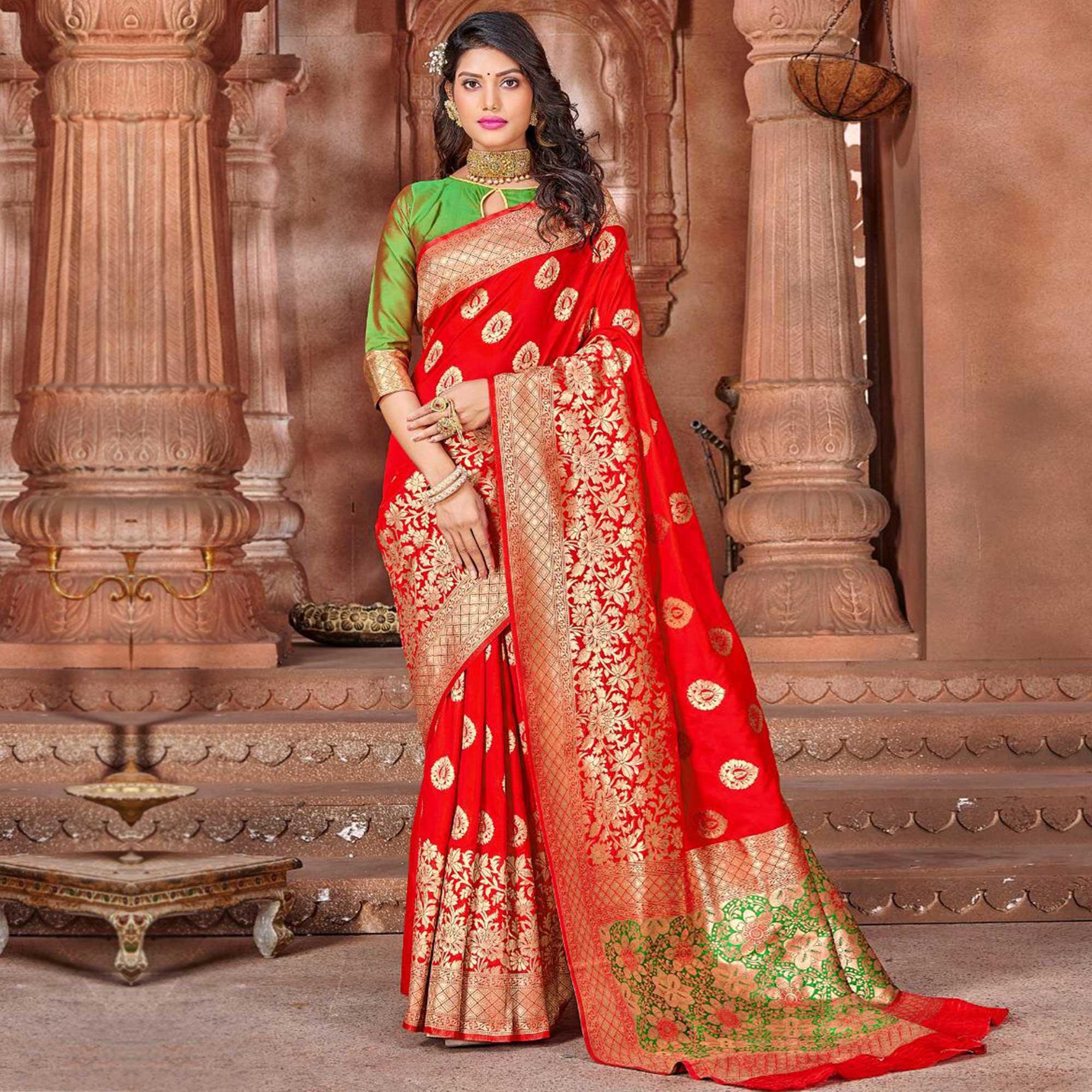 Red Festive Wear Woven Soft Silk Saree - Peachmode