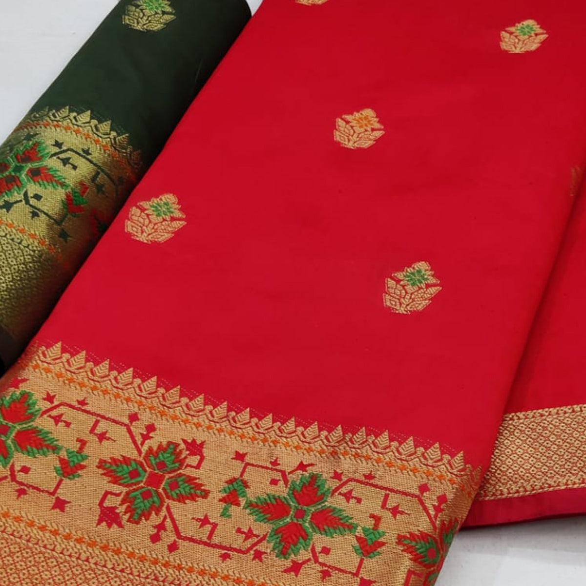 Red Festive Wear Woven Soft Silk Saree - Peachmode
