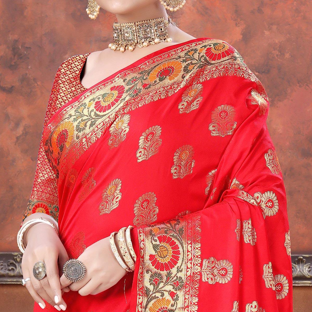 Red Festive Wear Woven Soft Silk Saree - Peachmode