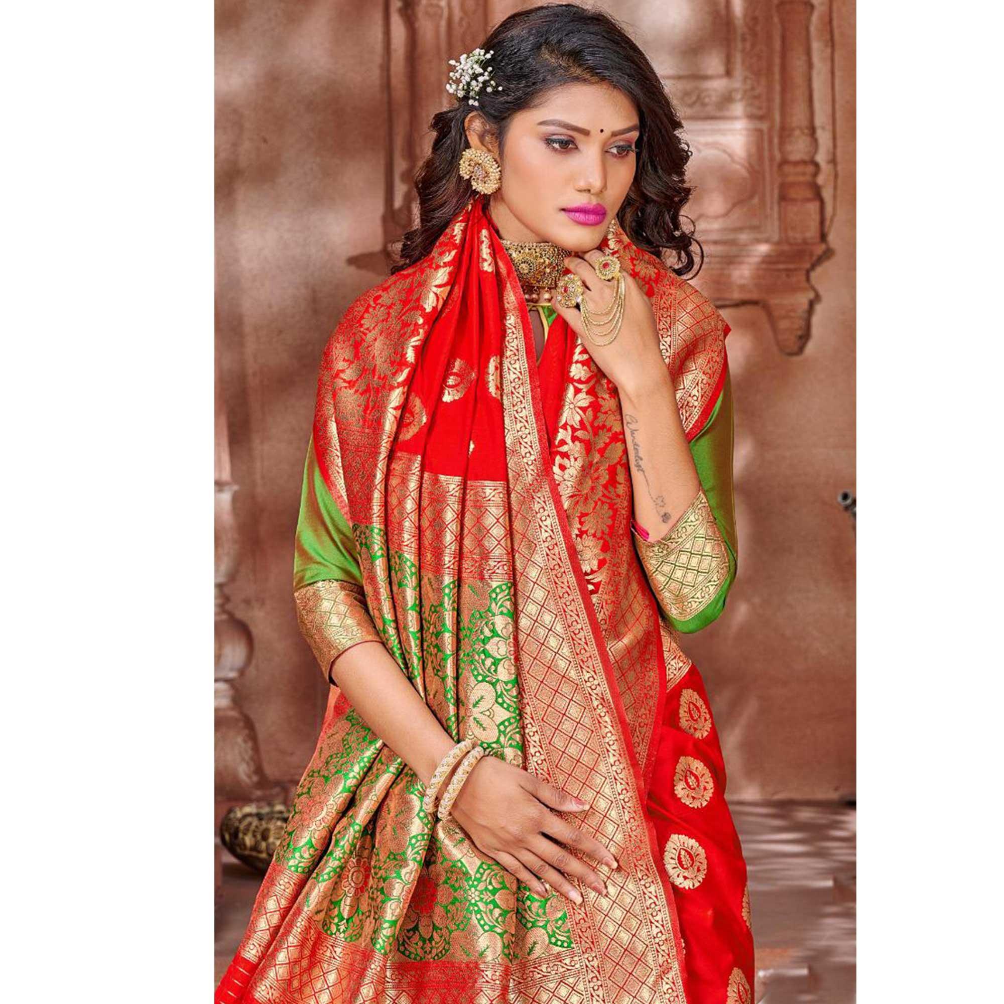 Red Festive Wear Woven Soft Silk Saree - Peachmode