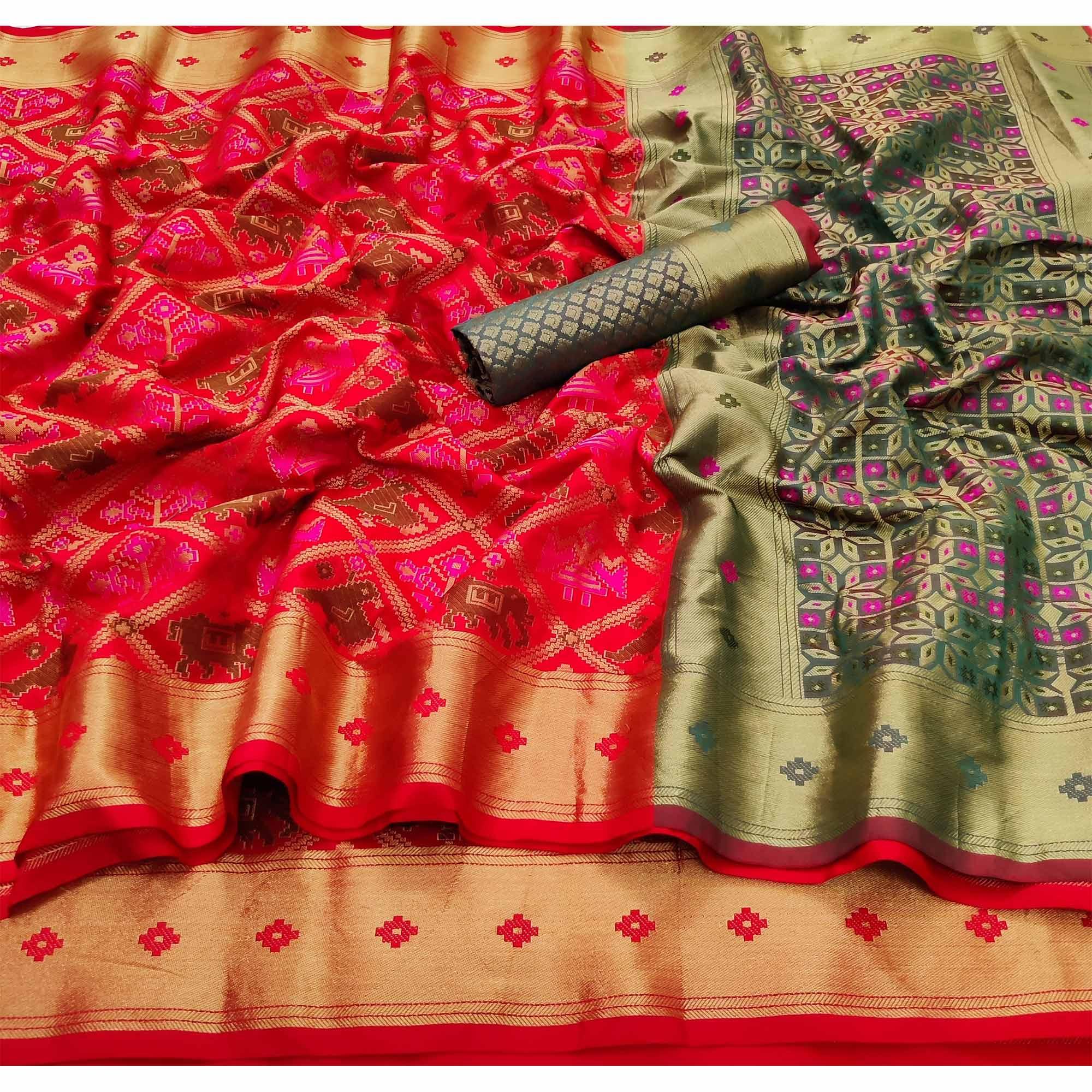 Red Festive Wear Woven Soft Silk Saree - Peachmode