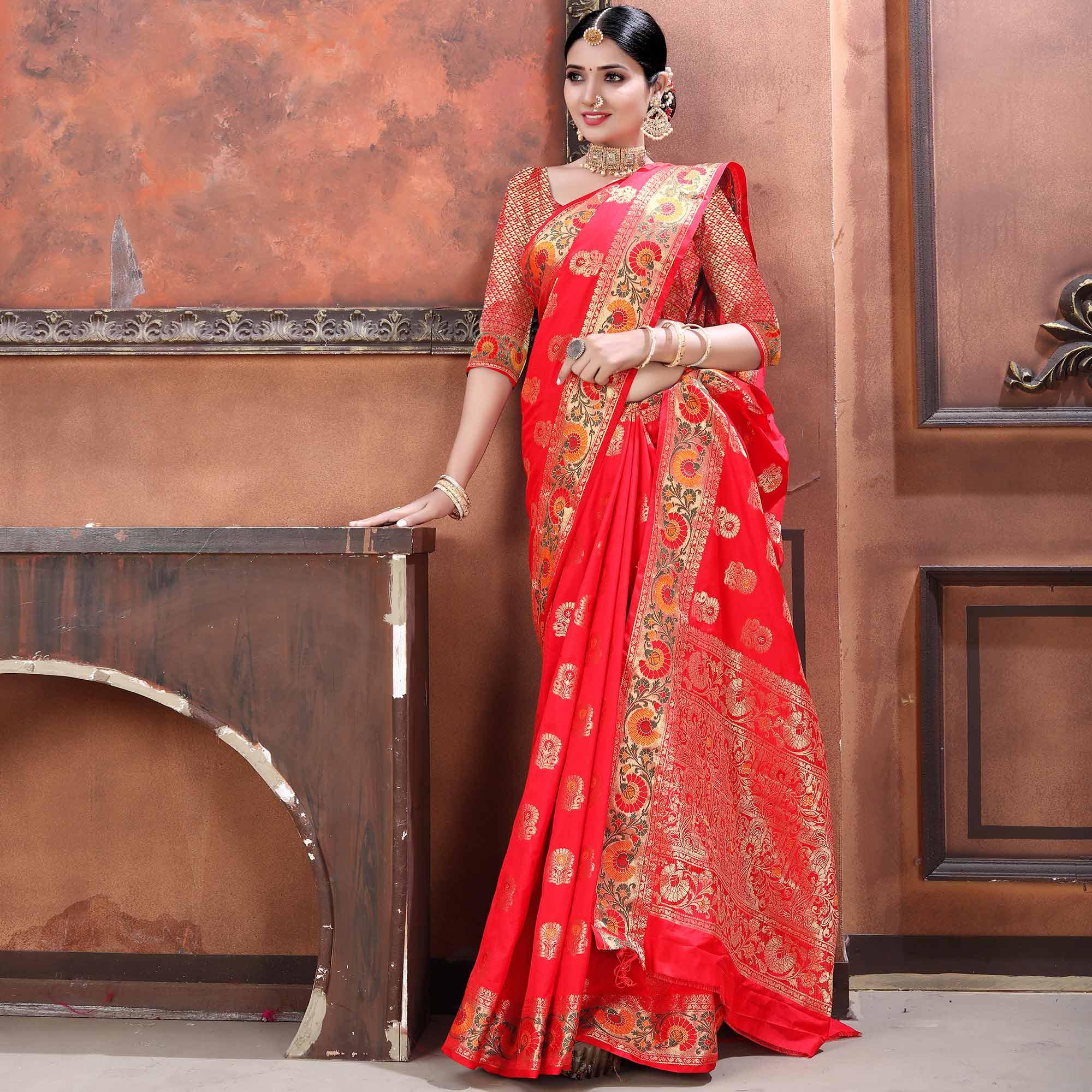 Red Festive Wear Woven Soft Silk Saree - Peachmode