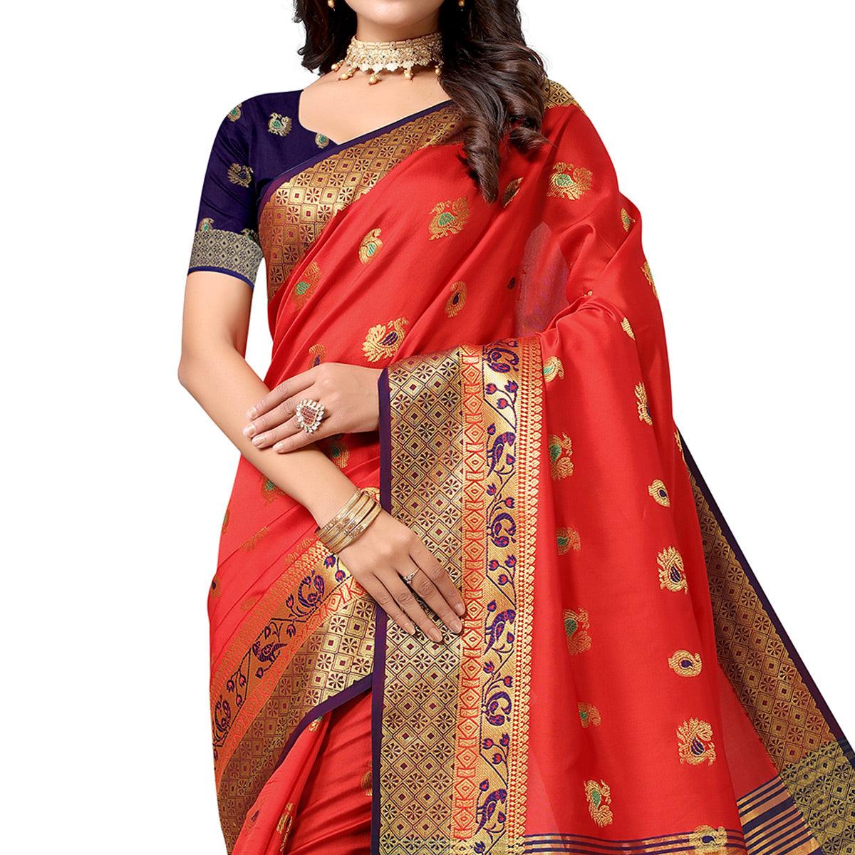 Red Festive Wear Woven Soft Silk Saree With Jacquard Border - Peachmode
