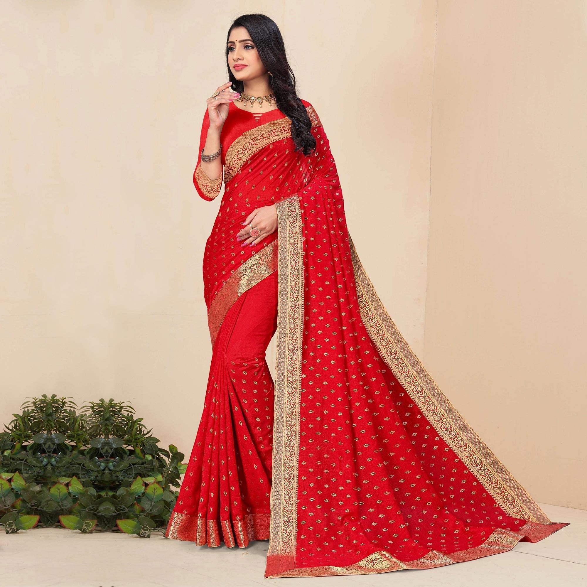 Red Festive Wear Woven Vichitra Silk Saree - Peachmode