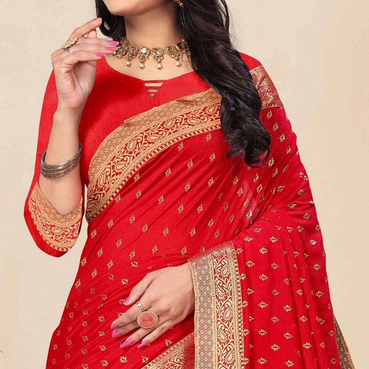 Red Festive Wear Woven Vichitra Silk Saree - Peachmode
