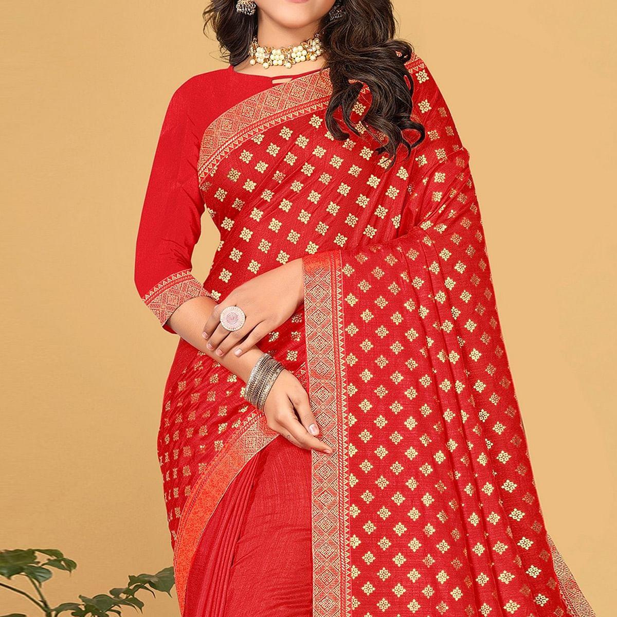 Red Festive Wear Woven Vichitra Silk Saree - Peachmode