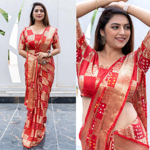 Red Festive Wear Woven With Bandhani Printed Art Silk Saree - Peachmode