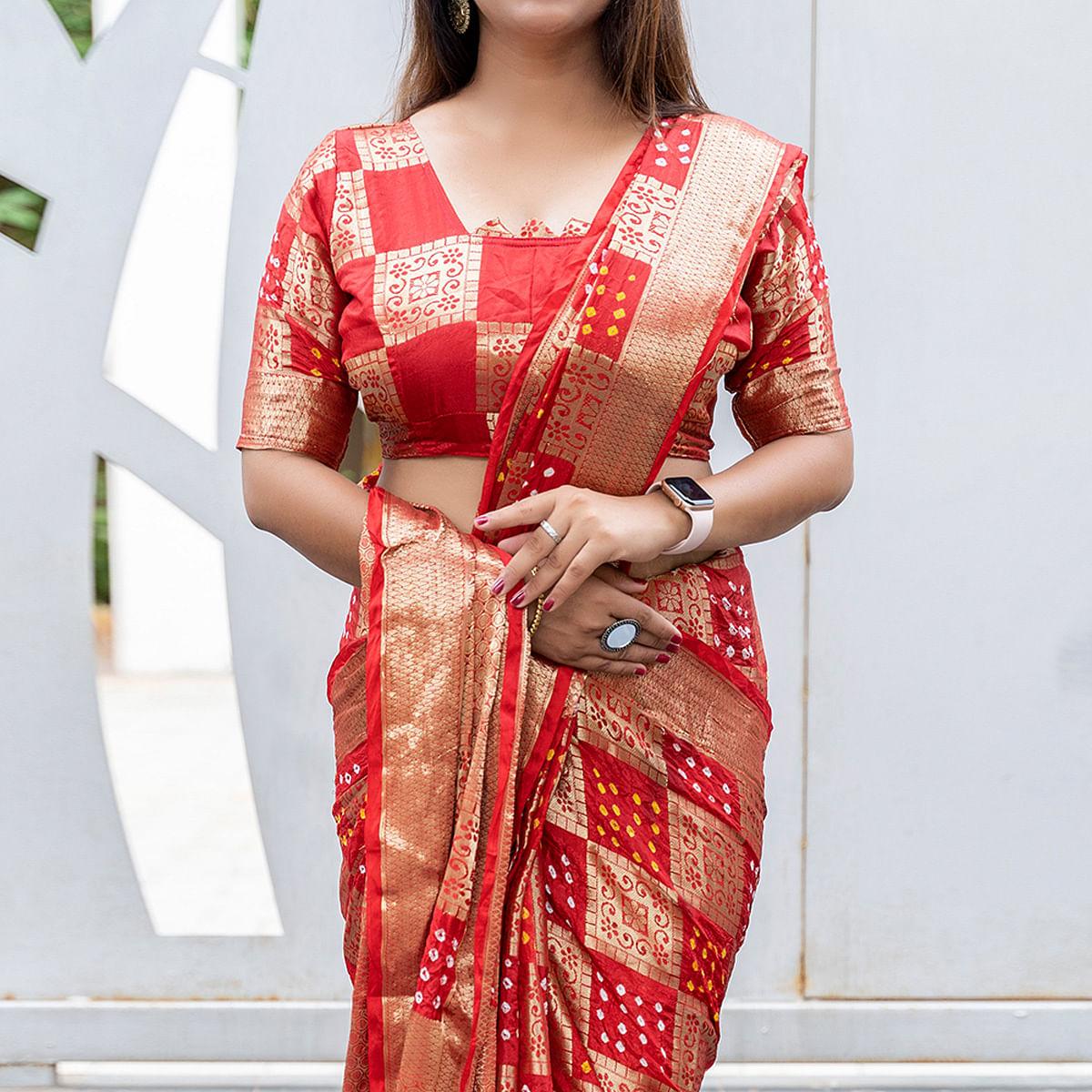Red Festive Wear Woven With Bandhani Printed Art Silk Saree - Peachmode