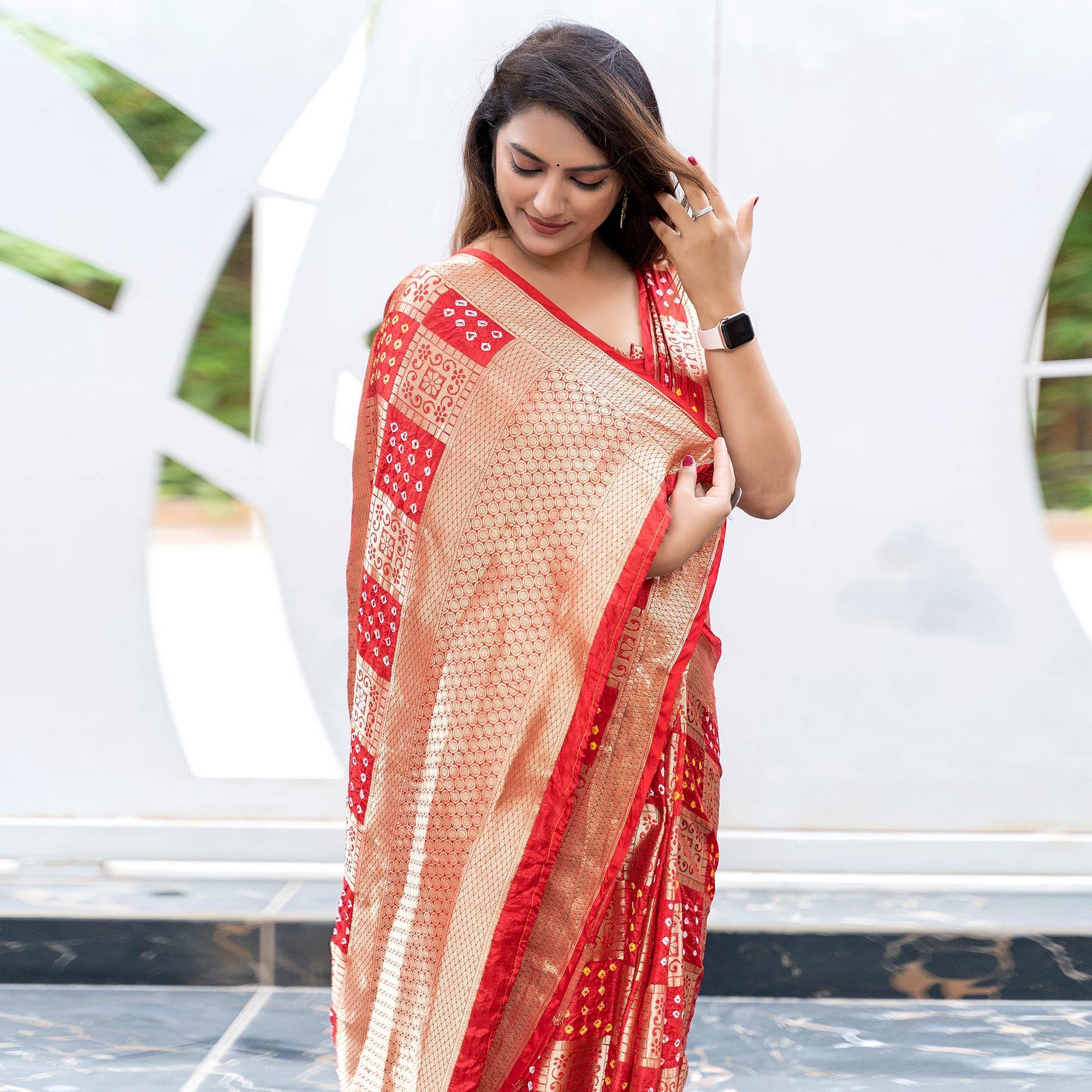 Red Festive Wear Woven With Bandhani Printed Art Silk Saree - Peachmode